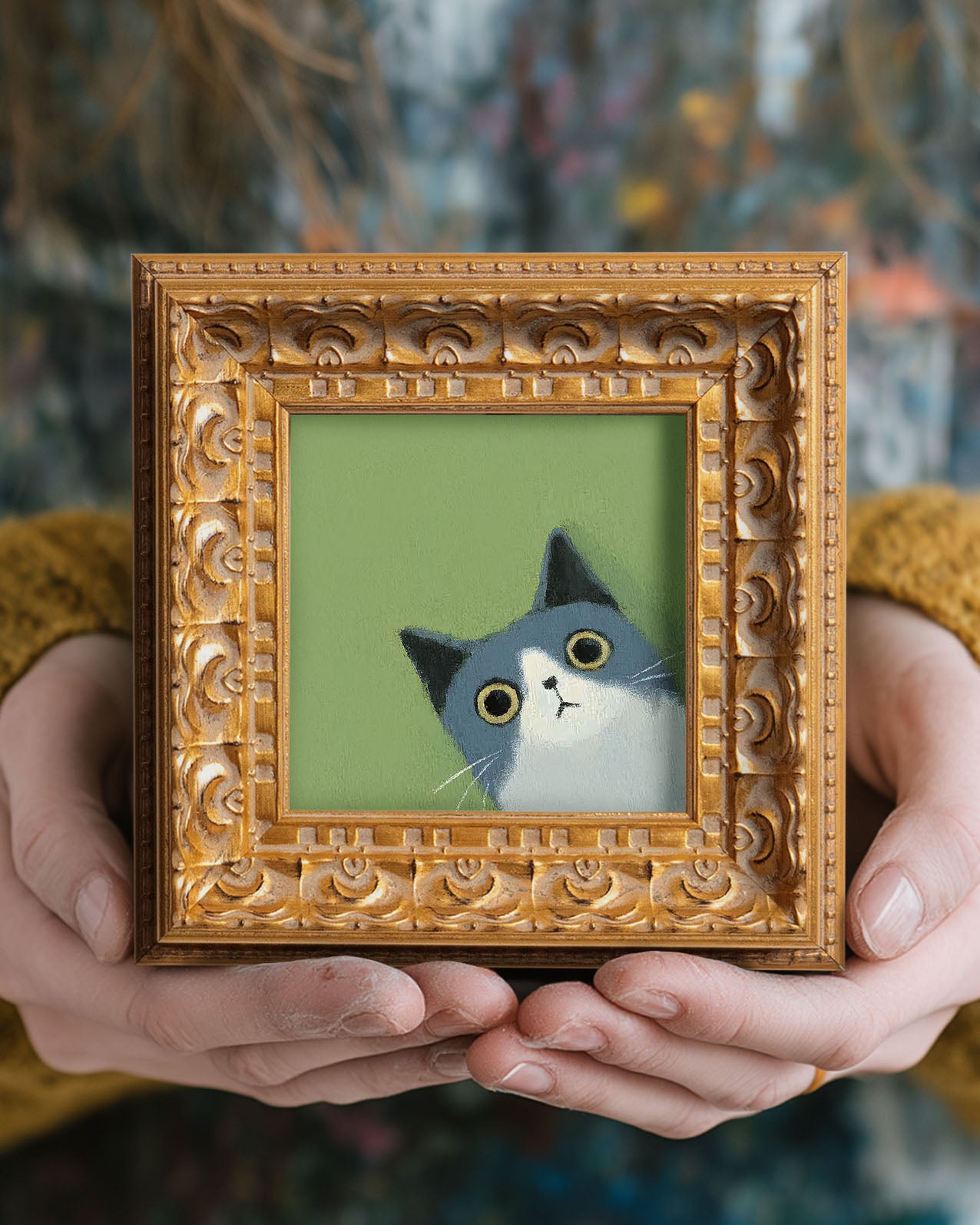 Blue and White Cat Painting, Cute Kitten Art, Flat Style Animal Portrait, Whimsical Cat Wall Decor, Small Framed Art