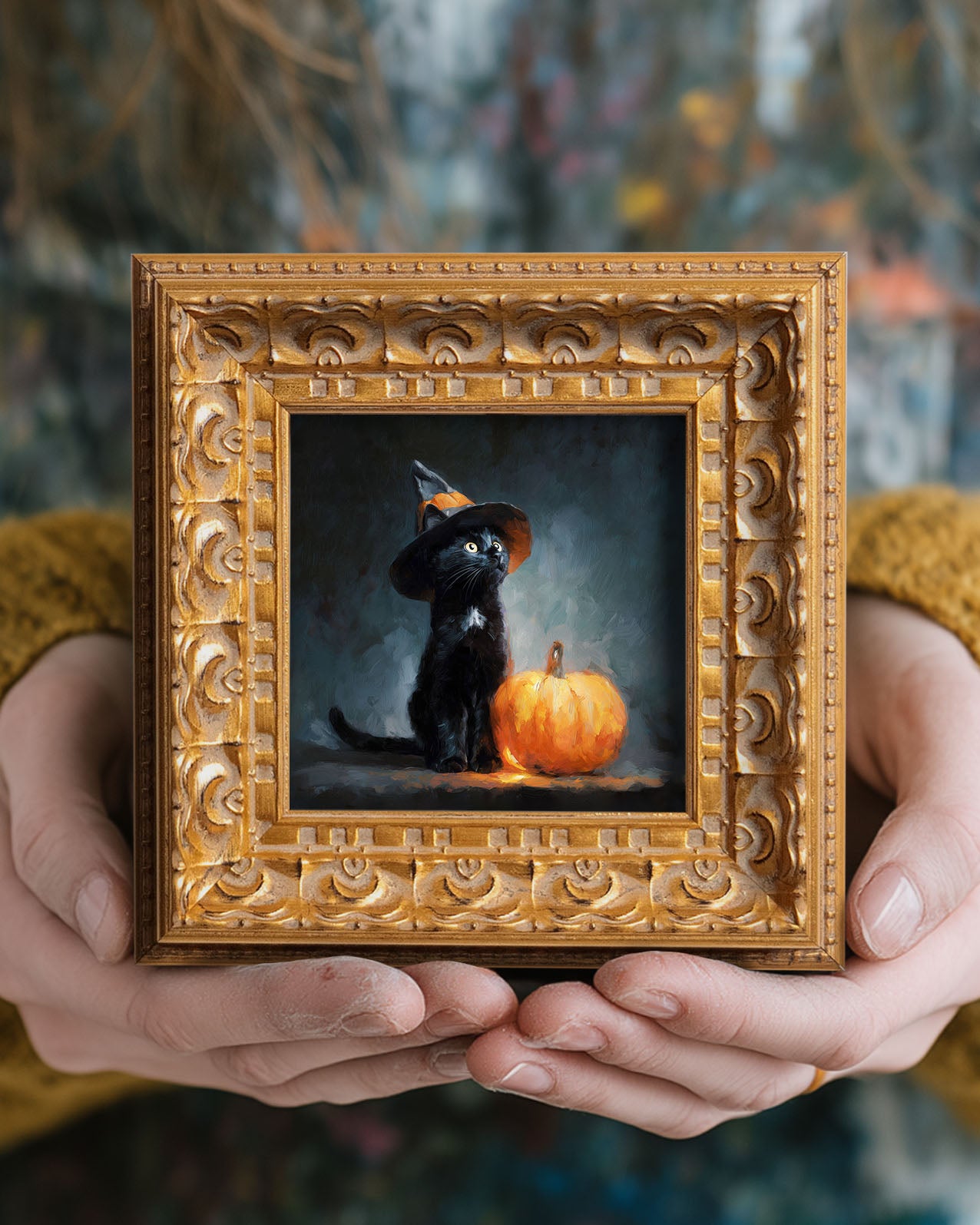 Original Halloween Black Cat Oil Painting, Spooky Seasonal Wall Art, Hand Painted Ornate Gold Frame Home Decor, Festive Living Room Decoration, Gift For Friends