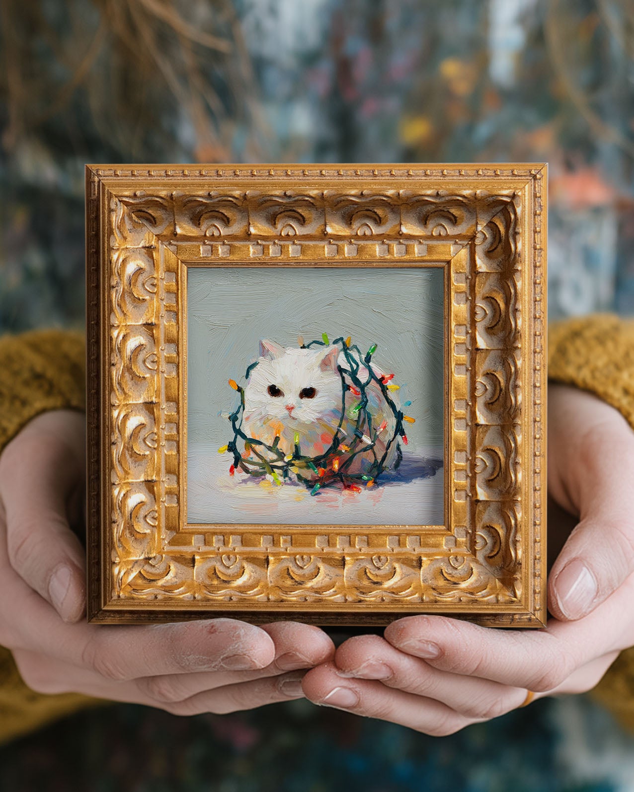 Small Christmas Lights Cat Oil Painting, Original Hand Painted, Custom Kitty Portrait, Holiday Wall Art, Winter Decor, Christmas Gift