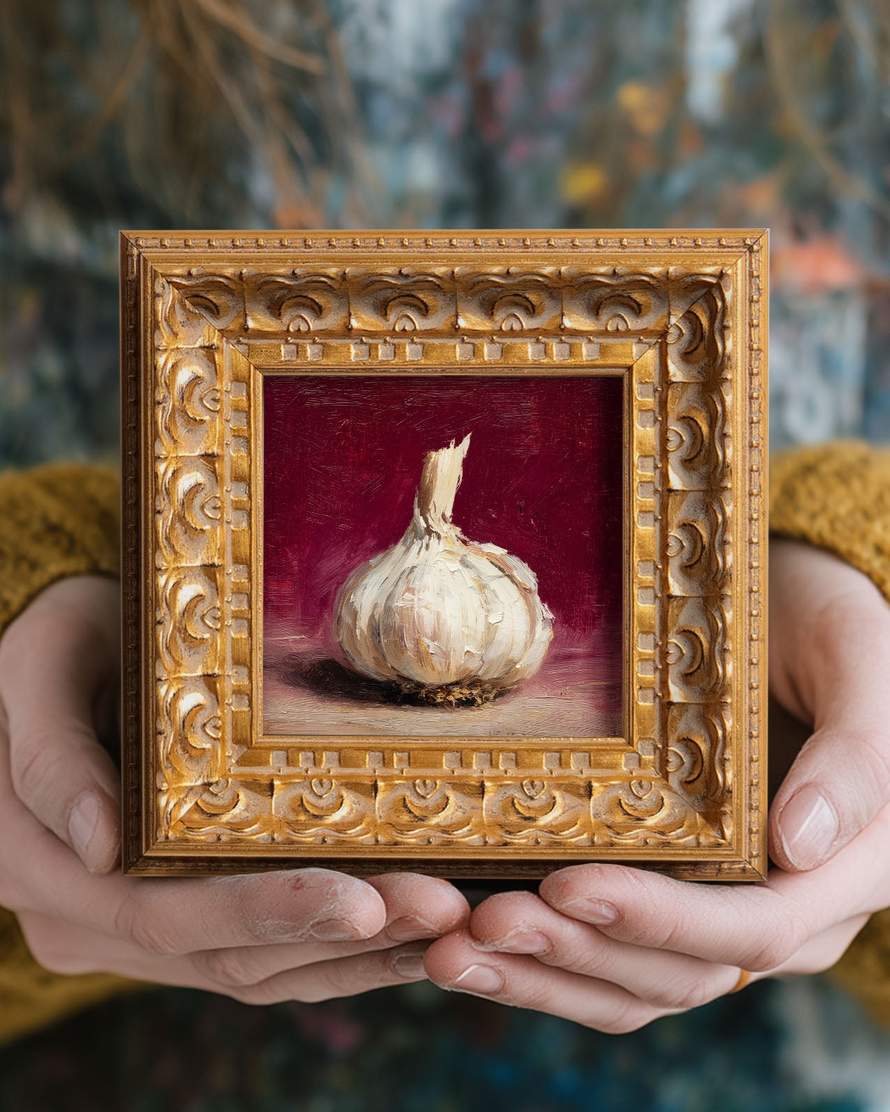 Original Garlic Oil Painting, Hand Painted Food Artwork, Still Life, Small Kitchen Wall Art Decor, Christmas Gift for Friends, Gold Frame