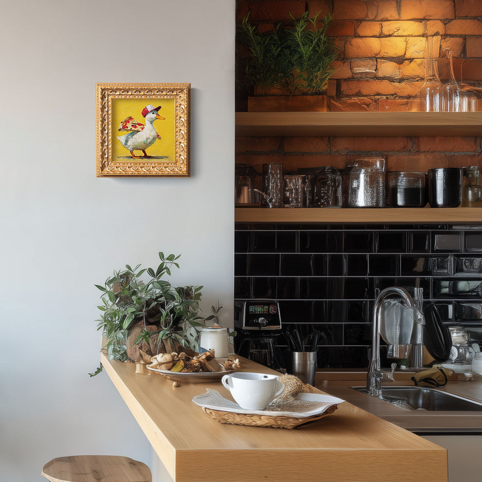 Small Original Hand Painted, Pizza Ducks Oil Painting, Living Room Wall Art Decor,5X5 Gold Framed Artwork, Christmas Gift