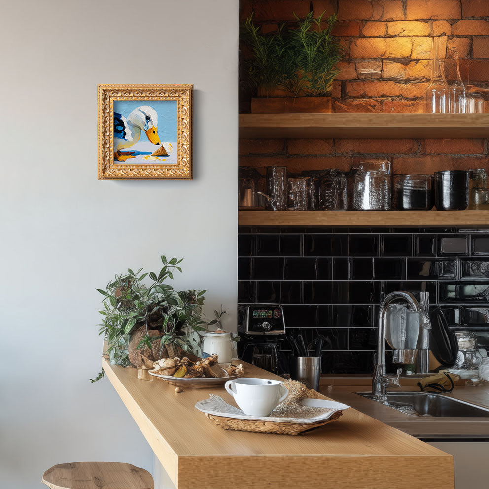 Small Original Hand Painted, Crying Duck Oil Painting, Living Room Wall Art Decor, 5X5 Gold Framed Artwork, Christmas Gift for Friends