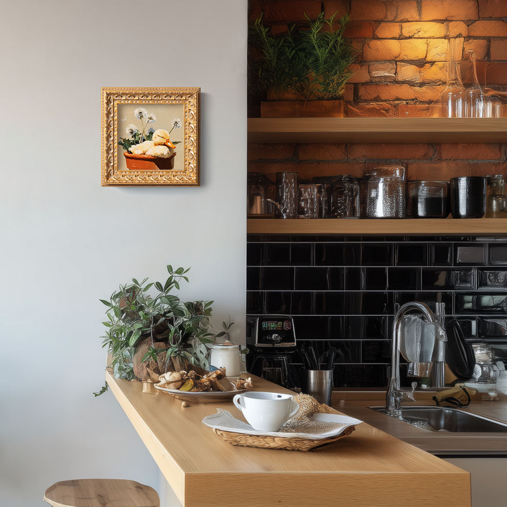 Small Original Hand Painted, Duckling in Flower Pot Oil Painting, Living Room Wall Art Decor, 5X5 Gold Framed Artwork, Christmas Gift