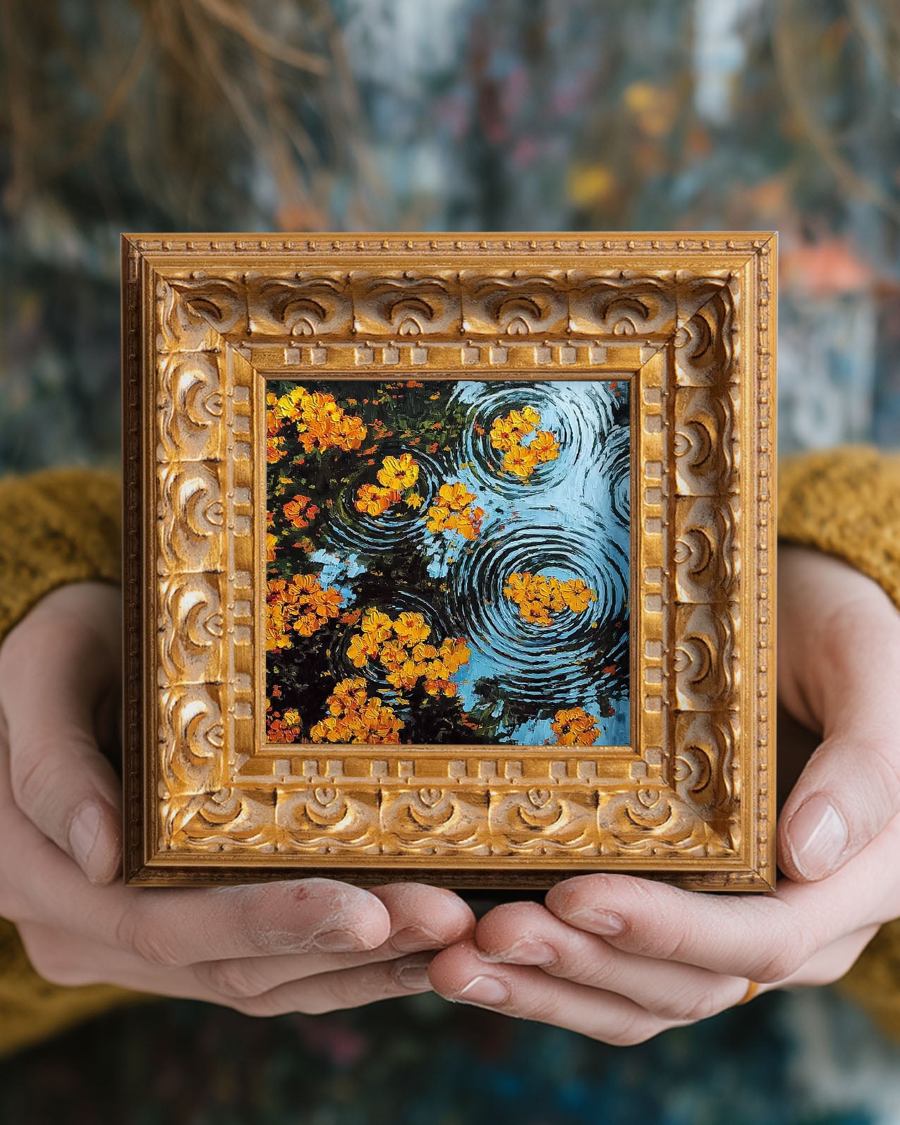 Small Oil Painting, Original Hand Painted, Nature Wall Art, 5X5 Vintage Winter Decor, Christmas Gift for Friends, Water Flowers with Ripple