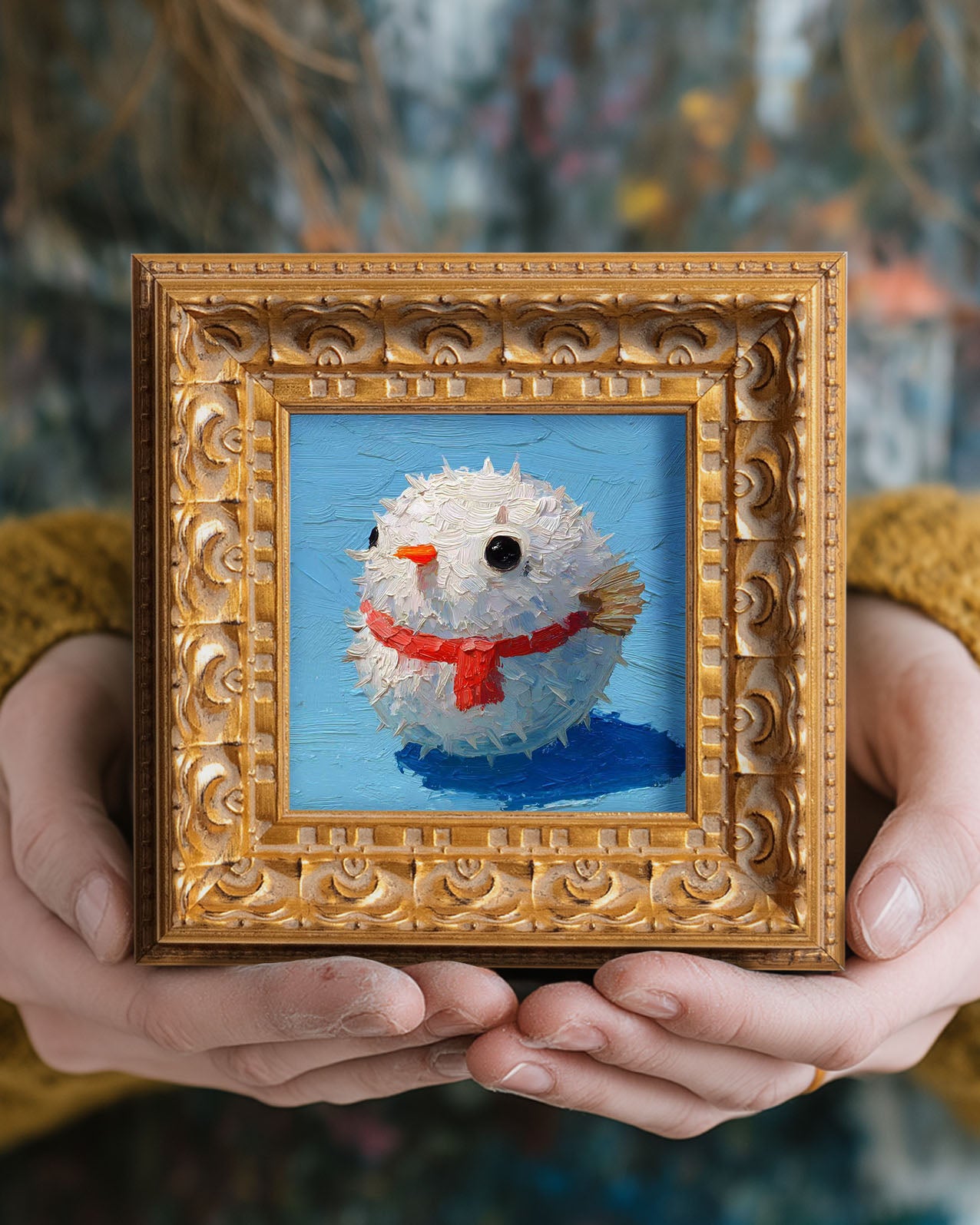Small Pufferfish Oil Painting, Original Hand Painted Artwork, Holiday Wall Art Decor, 5X5 Gold Framed Art, Christmas Gift for Friends