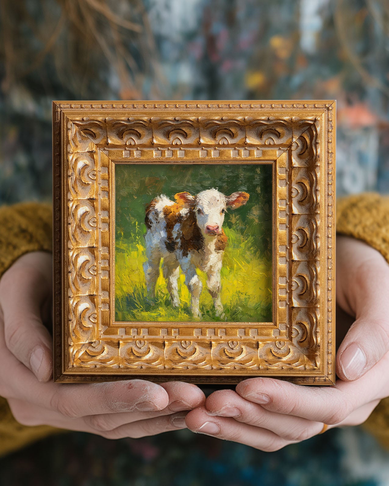 Hand Panted Calf Oil Painting, Small Original Art, Rustic Wall Art Decor, 5X5 Gold Framed Artwork, Still life Wildlife, Gift for friends