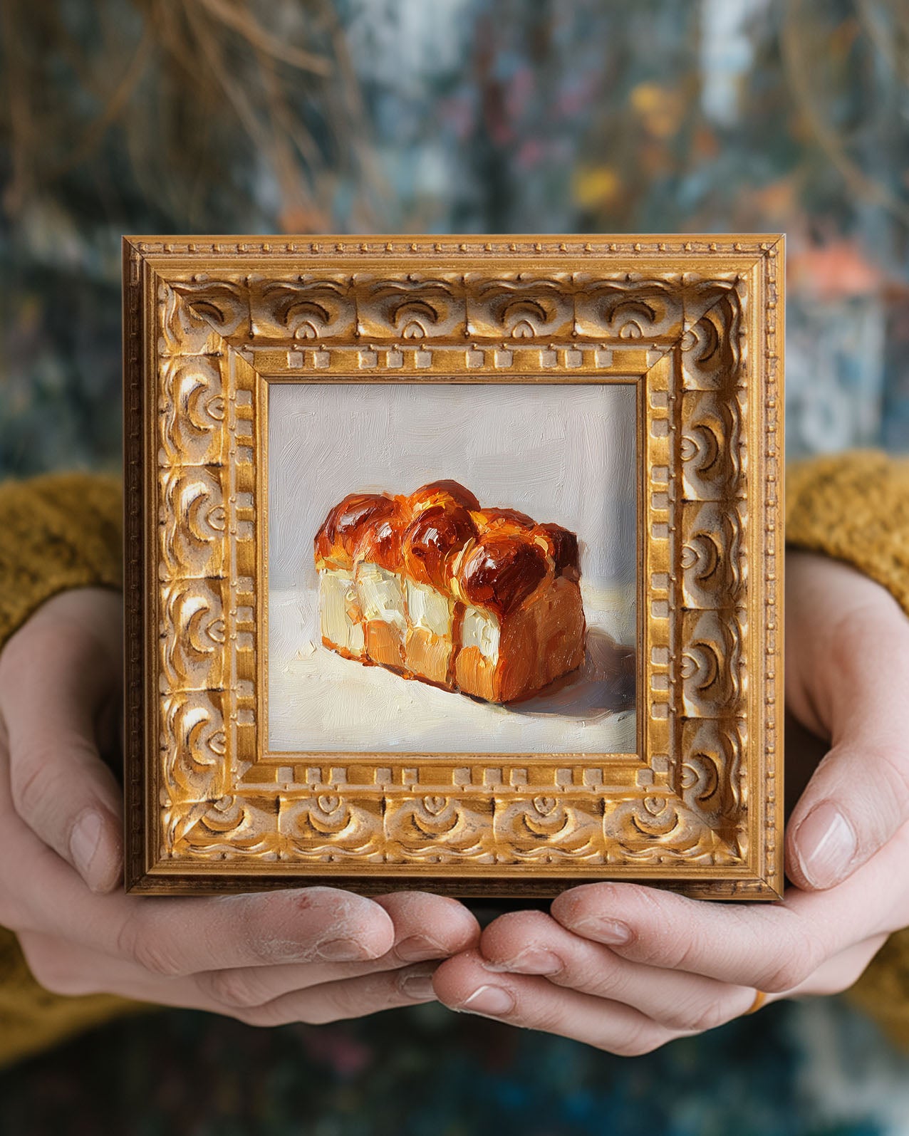 Original Brioche Bread Oil Painting, Rich Kitchen Wall Art, Hand Painted Ornate Gold Frame Home Decor, Warm Dining Room Decoration, Gift For Friends