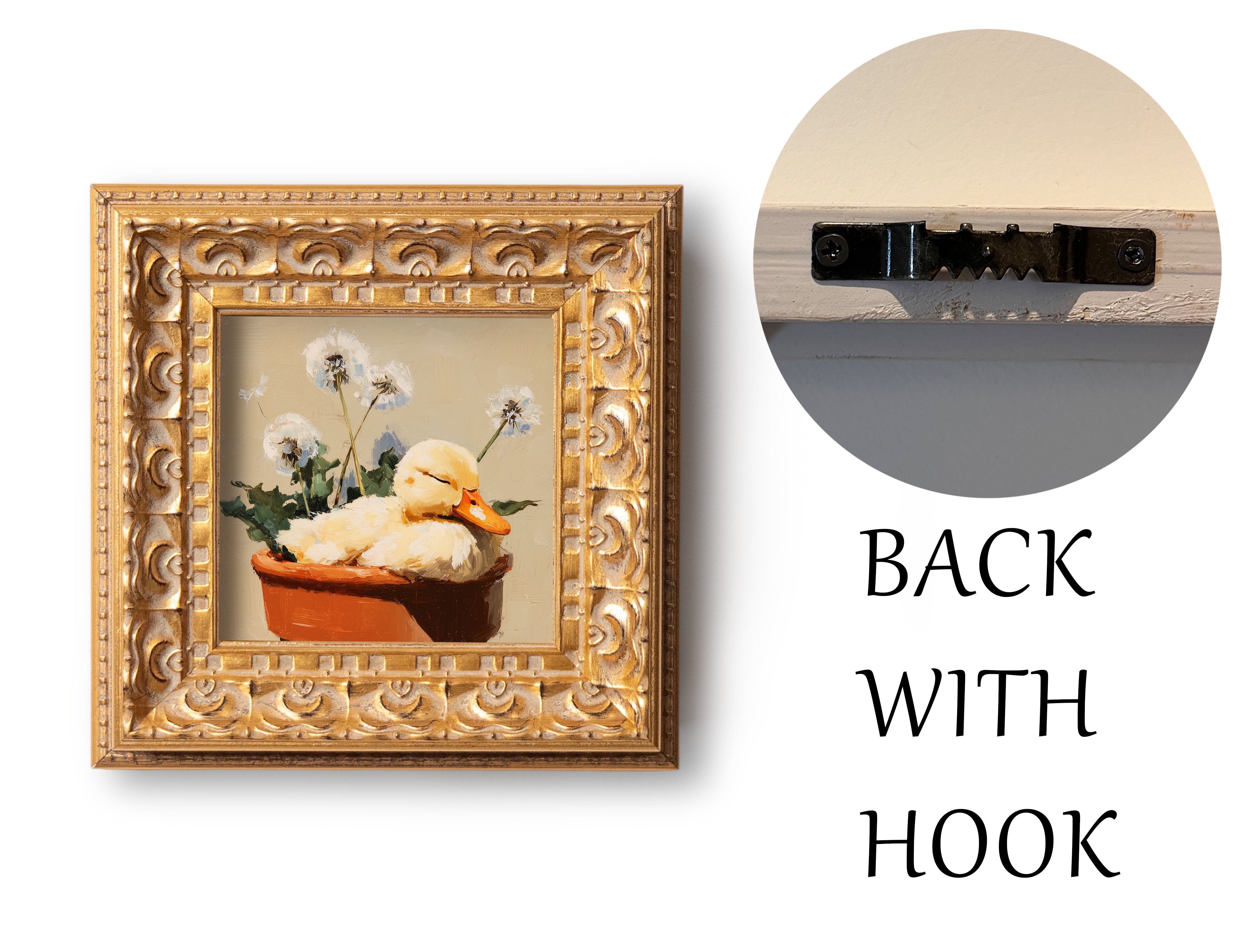 Small Original Hand Painted, Duckling in Flower Pot Oil Painting, Living Room Wall Art Decor, 5X5 Gold Framed Artwork, Christmas Gift