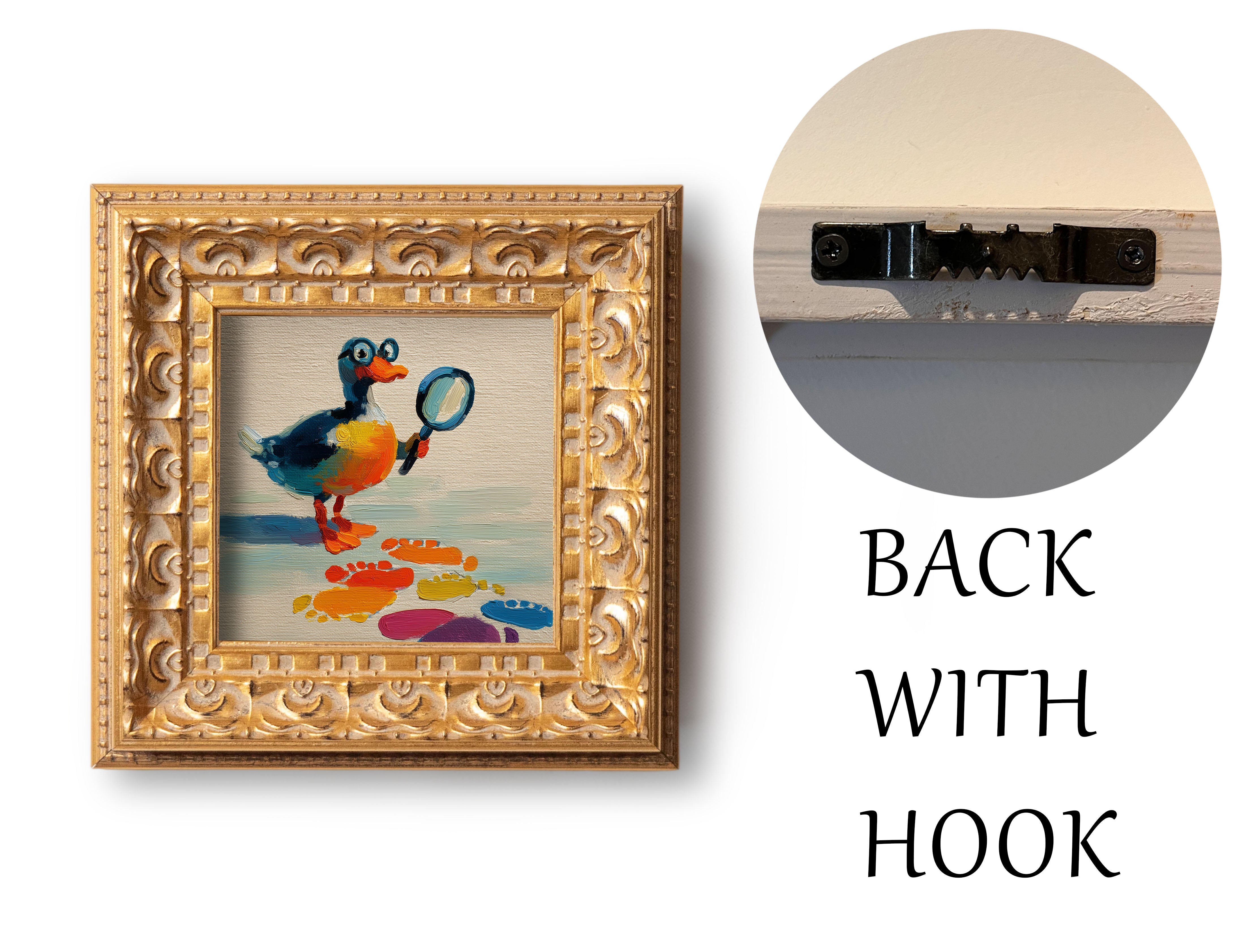Small Original Hand Painted, Detective Duck Oil Painting, Living Room Wall Art Decor, 5X5 Gold Framed Artwork, Christmas Gift for Friends