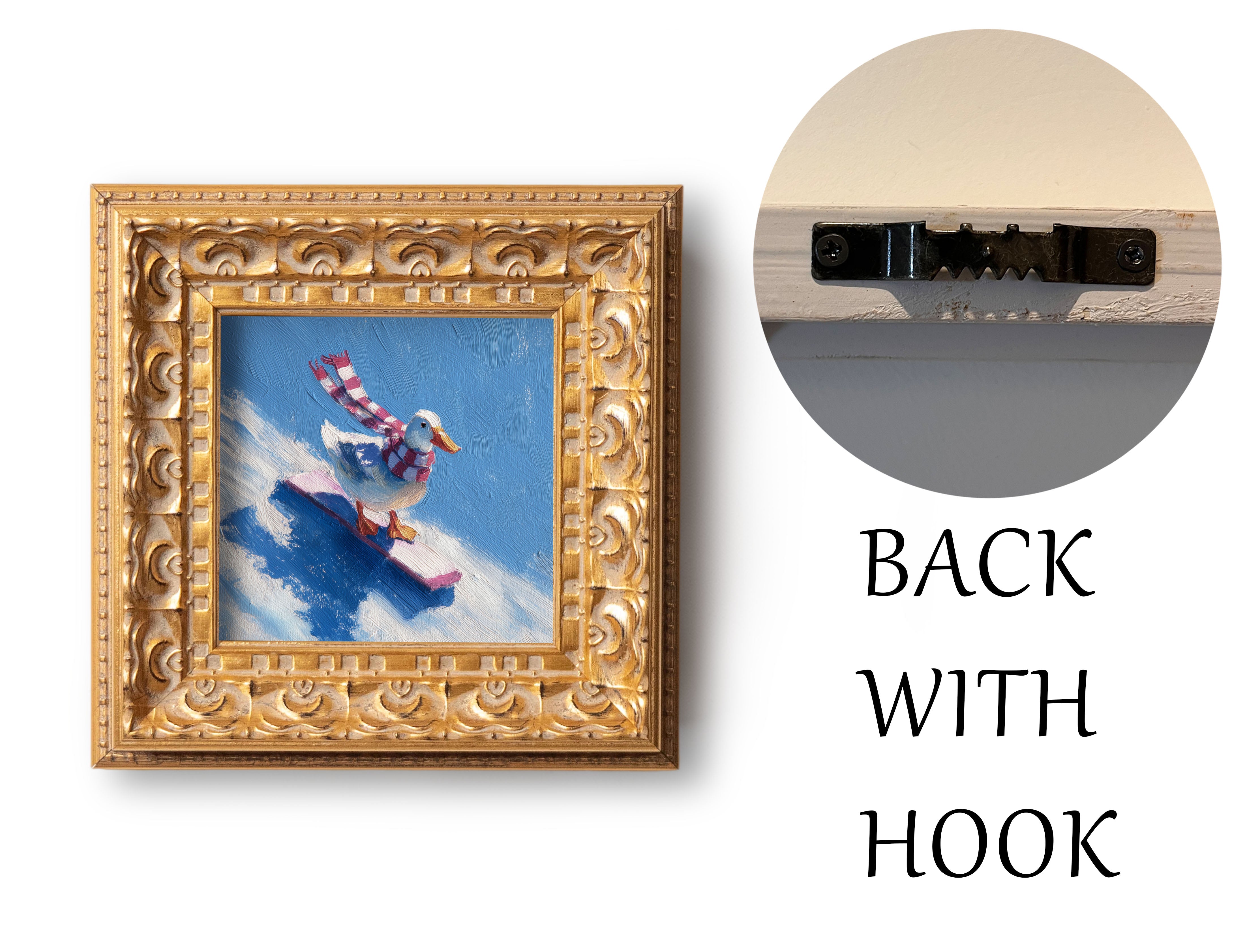 Small Original Hand Painted, Duck Snowboarding Oil Painting, Living Room Wall Art Decor,5X5 Gold Framed Artwork, Christmas Gift for Friends