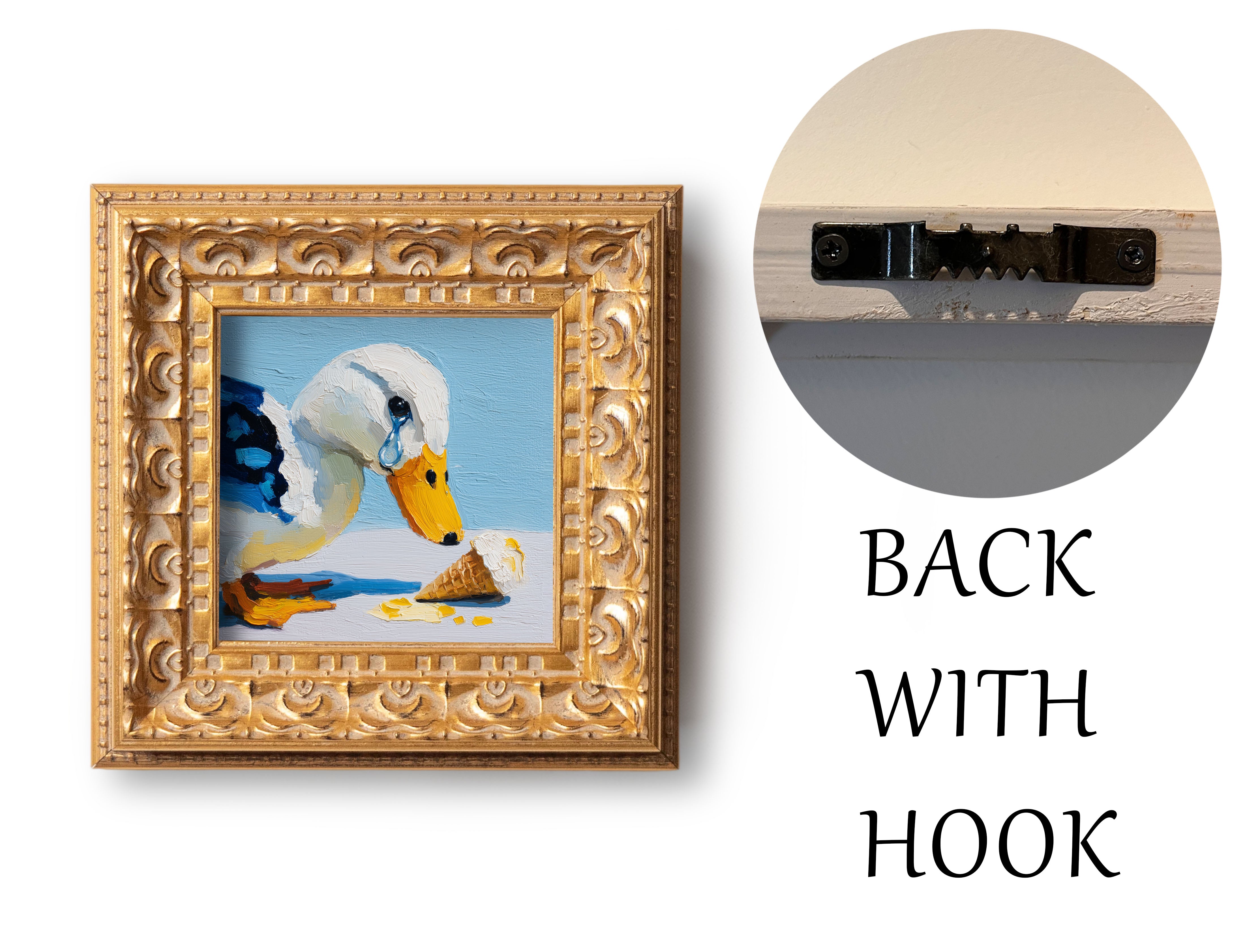 Small Original Hand Painted, Crying Duck Oil Painting, Living Room Wall Art Decor, 5X5 Gold Framed Artwork, Christmas Gift for Friends