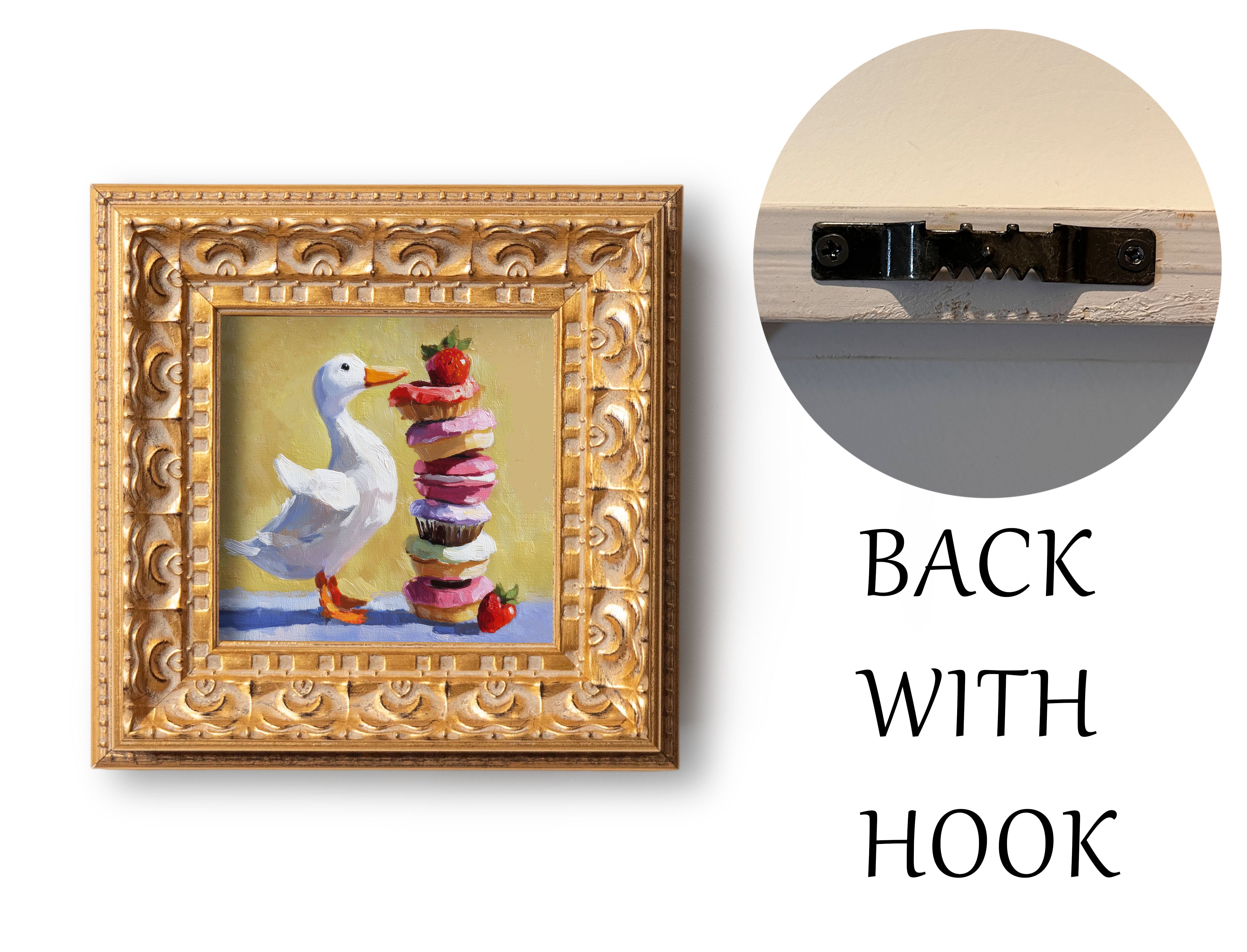 Small Original Hand Painted, Enjoying Duck Oil Painting, Living Room Wall Art Decor, 5X5 Gold Framed Artwork, Christmas Gift for Friends