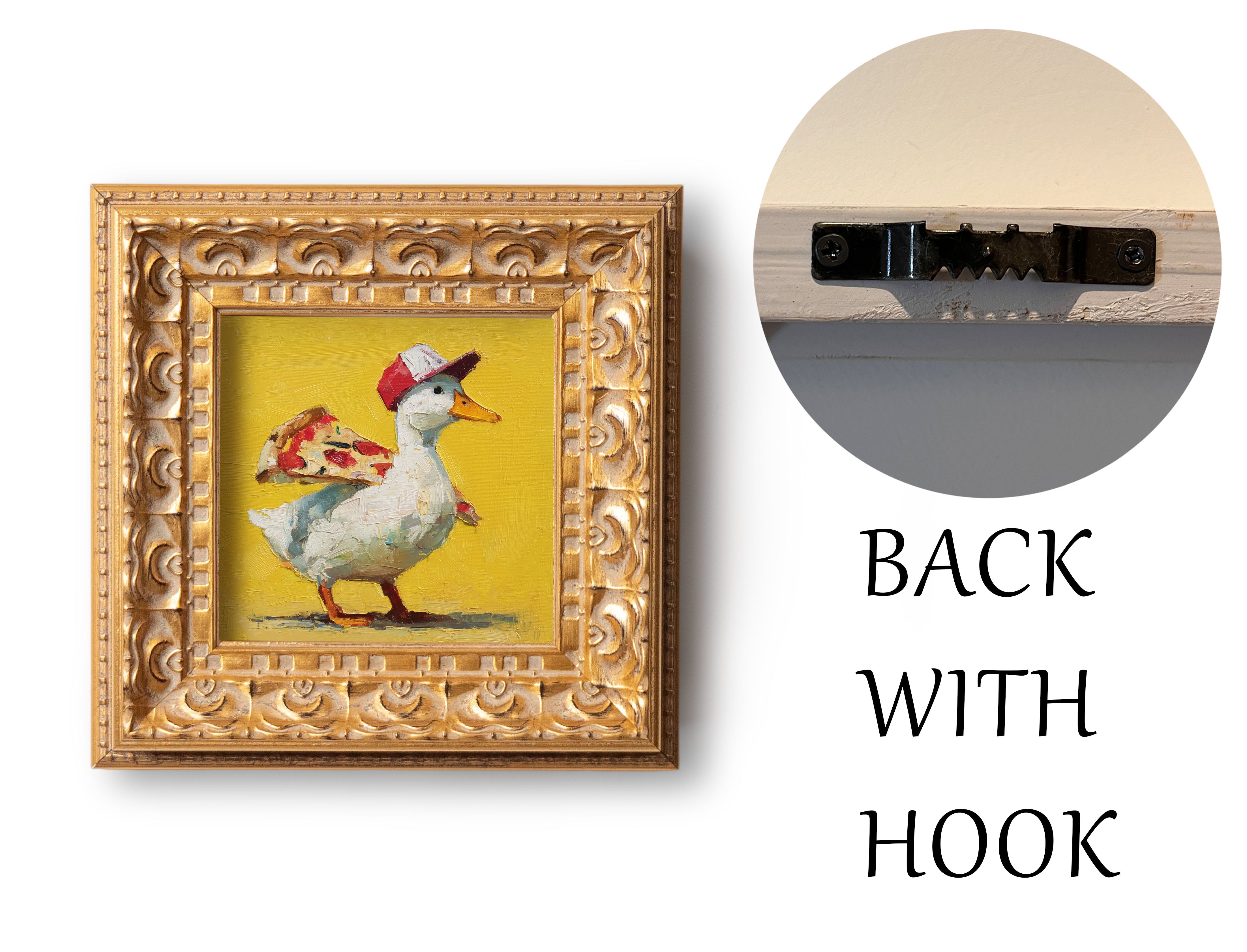 Small Original Hand Painted, Pizza Ducks Oil Painting, Living Room Wall Art Decor,5X5 Gold Framed Artwork, Christmas Gift