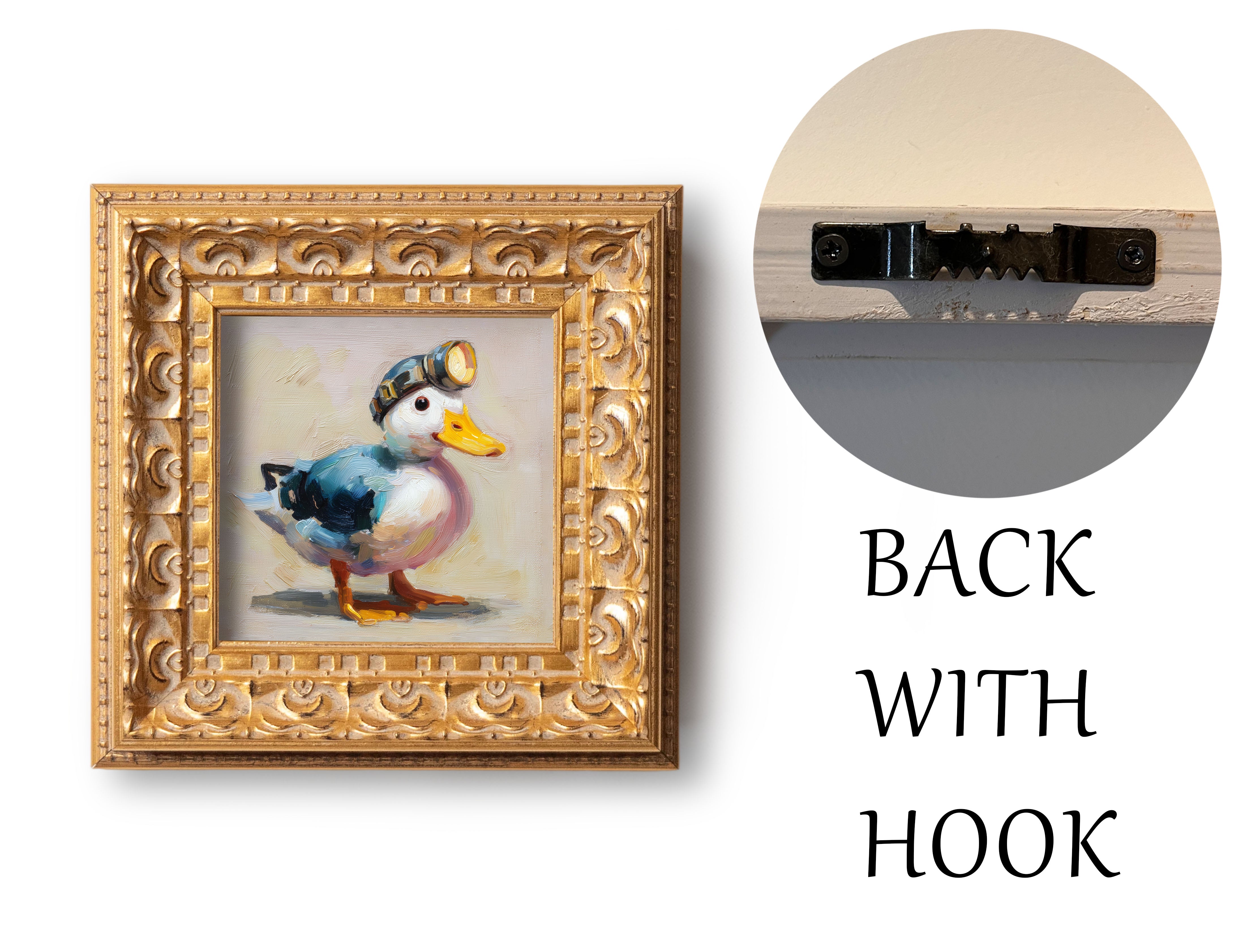 Small Original Hand Painted, Brave Duck Oil Painting, Living Room Wall Art Decor, 5X5 Gold Framed Artwork, Christmas Gift for Friends