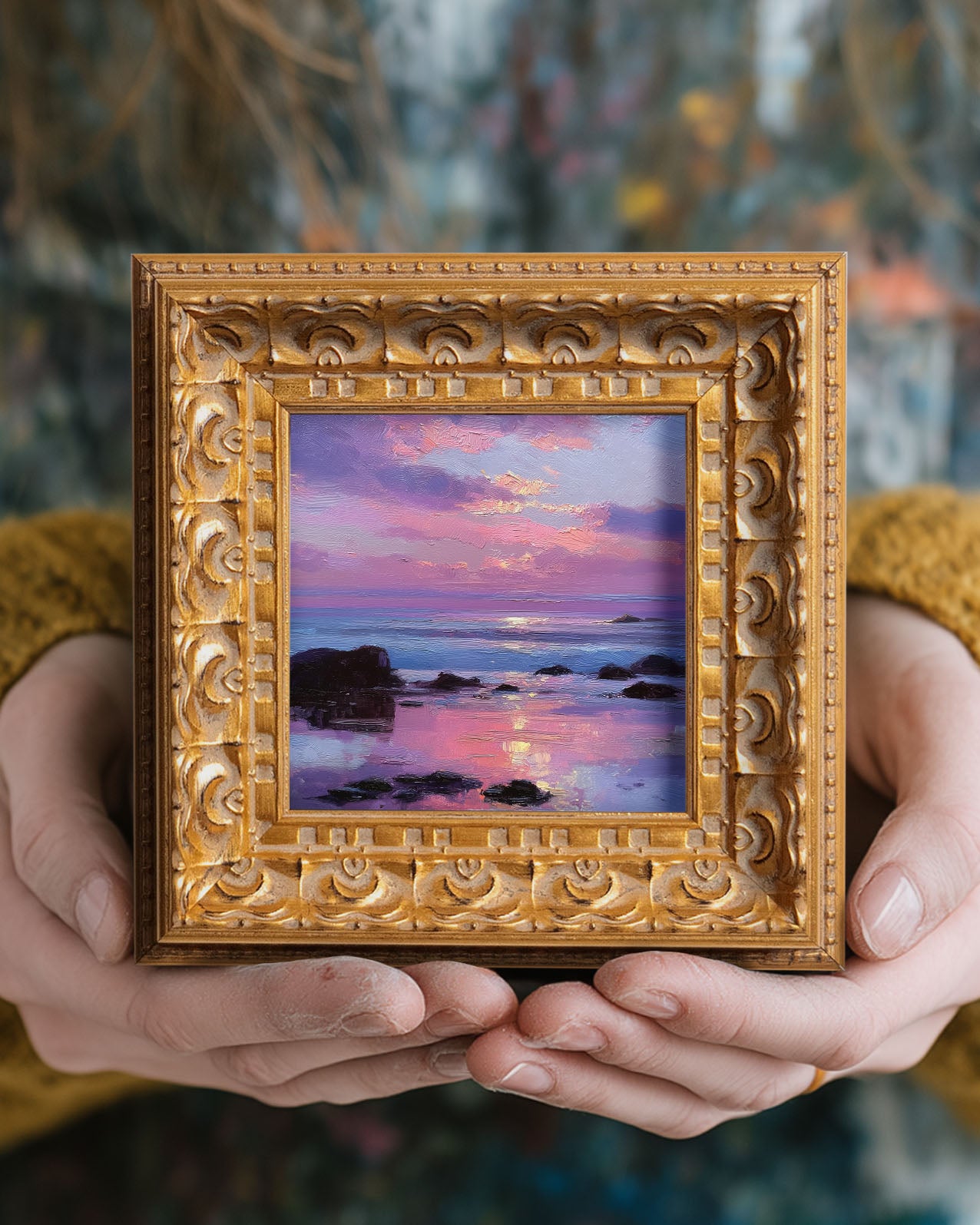 Small Coastal Sunset Oil Painting, Original Hand Painted, Landscape Wall Art, 5X5 Winter Decor, Abstract Artwork, Christmas Gift for Friends