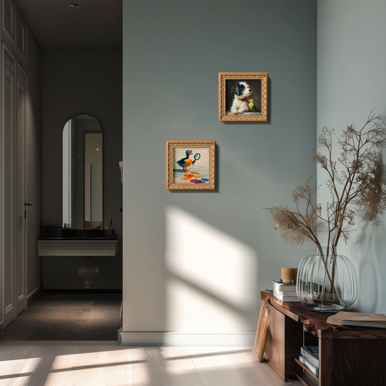 Small Original Hand Painted, Detective Duck Oil Painting, Living Room Wall Art Decor, 5X5 Gold Framed Artwork, Christmas Gift for Friends