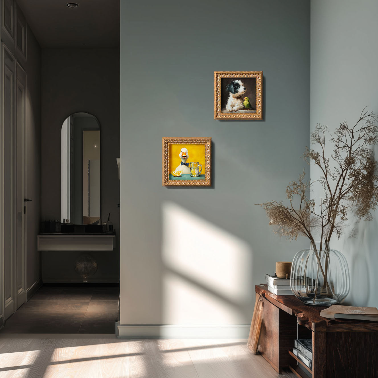 Small Original Hand Painted, Bartender Duck Oil Painting, Living Room Wall Art Decor, 5X5 Gold Framed Artwork, Christmas Gift for Friends