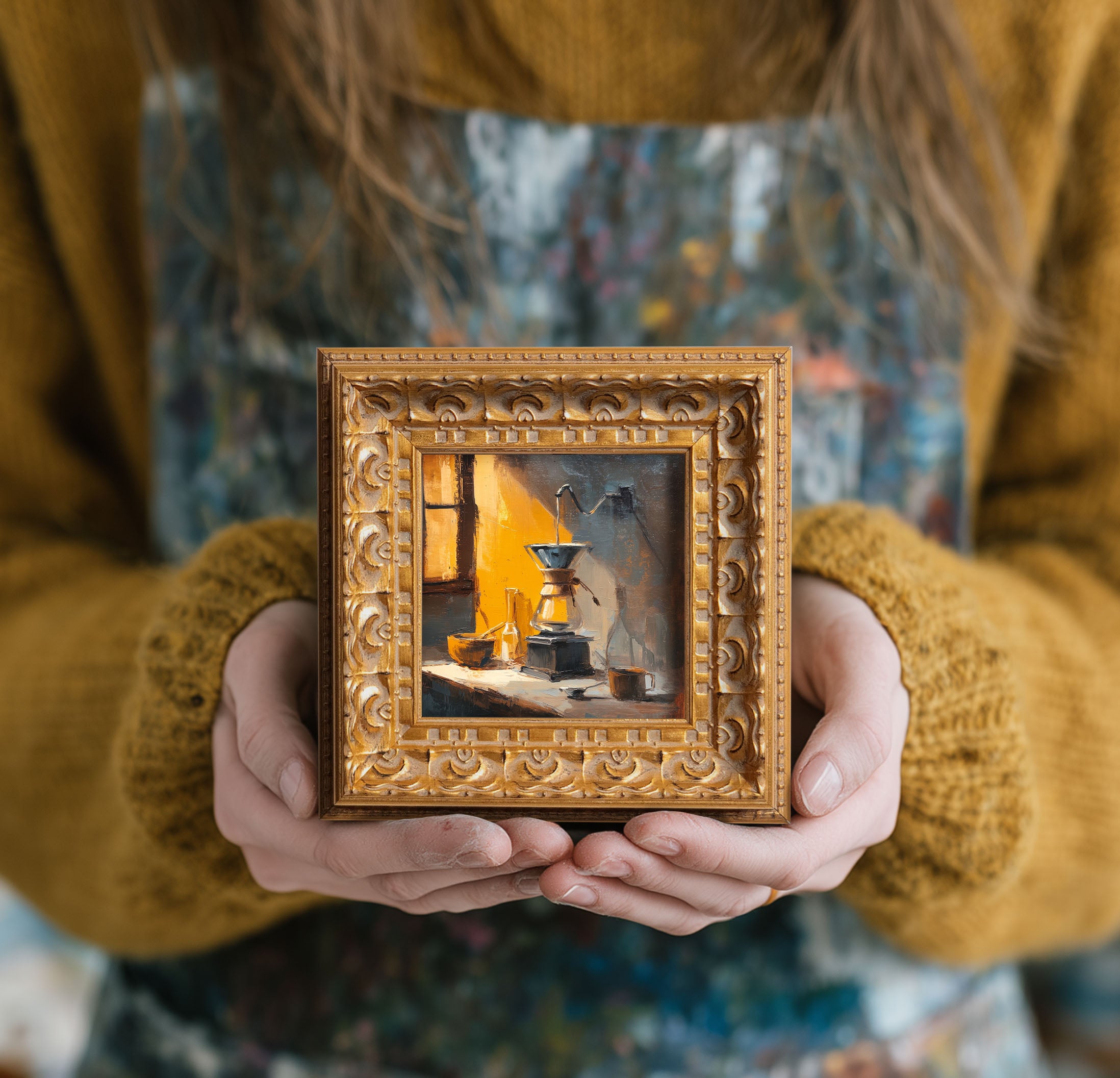 Small Original Oil Painting, Hand Painted Artwork, Reading Room Wall Art Decor, 5X5, Christmas Gift for Friends, City Lights at Night