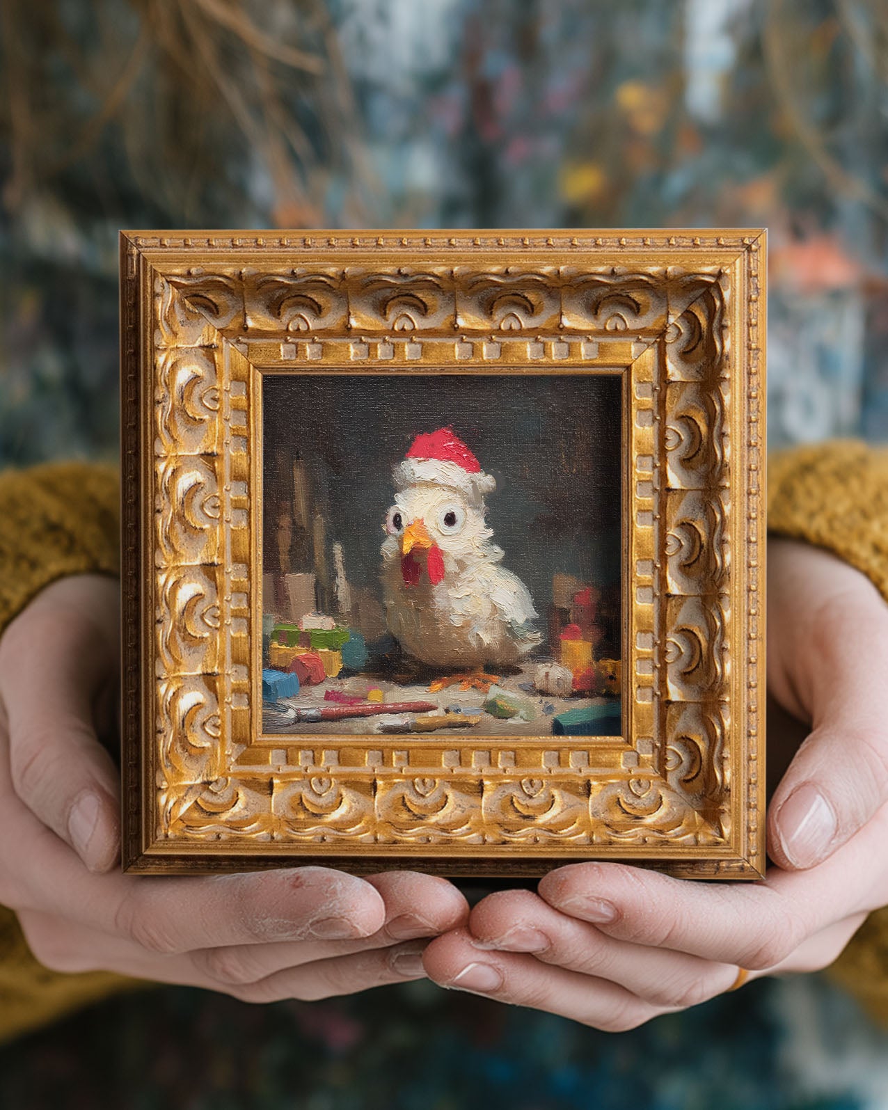 100% Hand Painted Santa Chicken Oil Painting, Original Art, Living Room Wall Art Decor, 5X5 Gold Framed Artwork, Christmas Gift for Friends