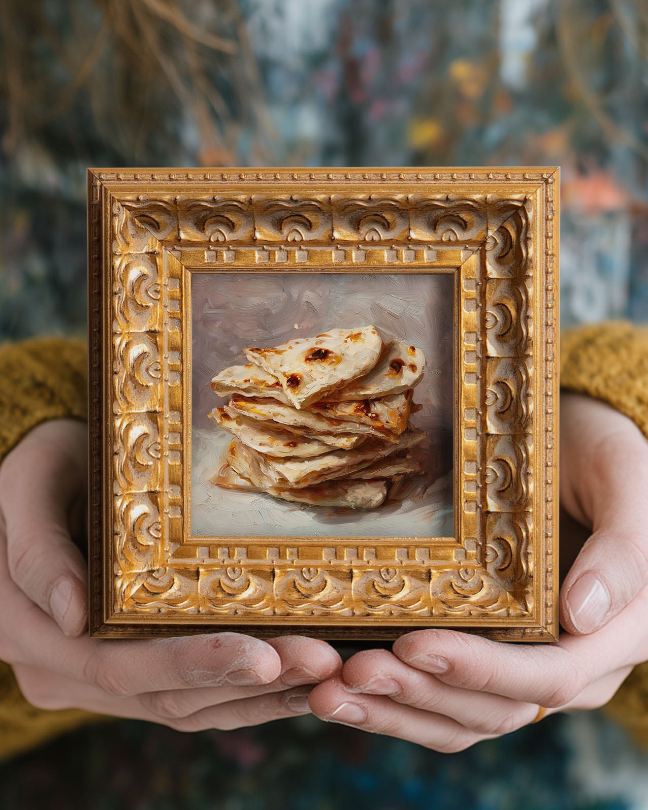 Original Indian Flatbread Oil Painting, Rustic Kitchen Wall Art, Hand Painted Ornate Gold Frame Home Decor, Cozy Dining Room Decoration, Gift For Friends