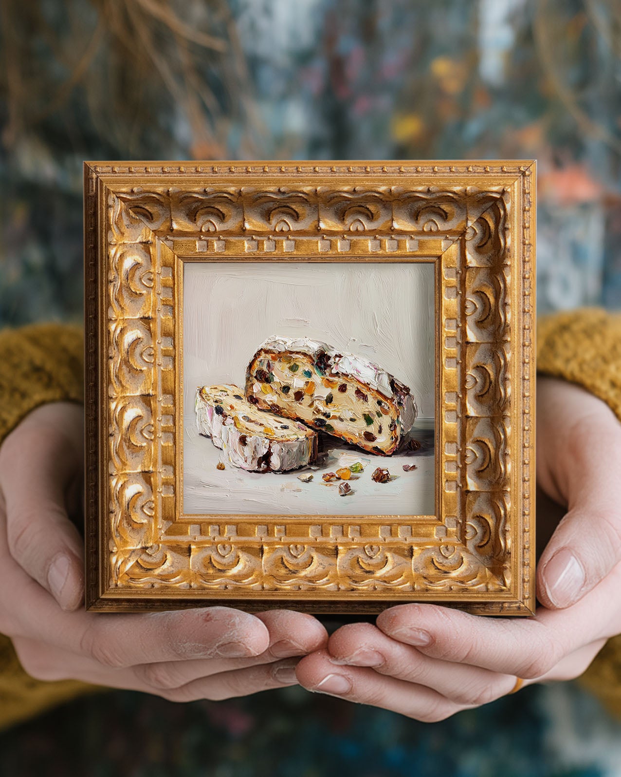 Original Fruit Bread Oil Painting, Rustic Kitchen Wall Art, Hand Painted Ornate Gold Frame Home Decor, Warm Dining Room Decoration, Gift For Friends