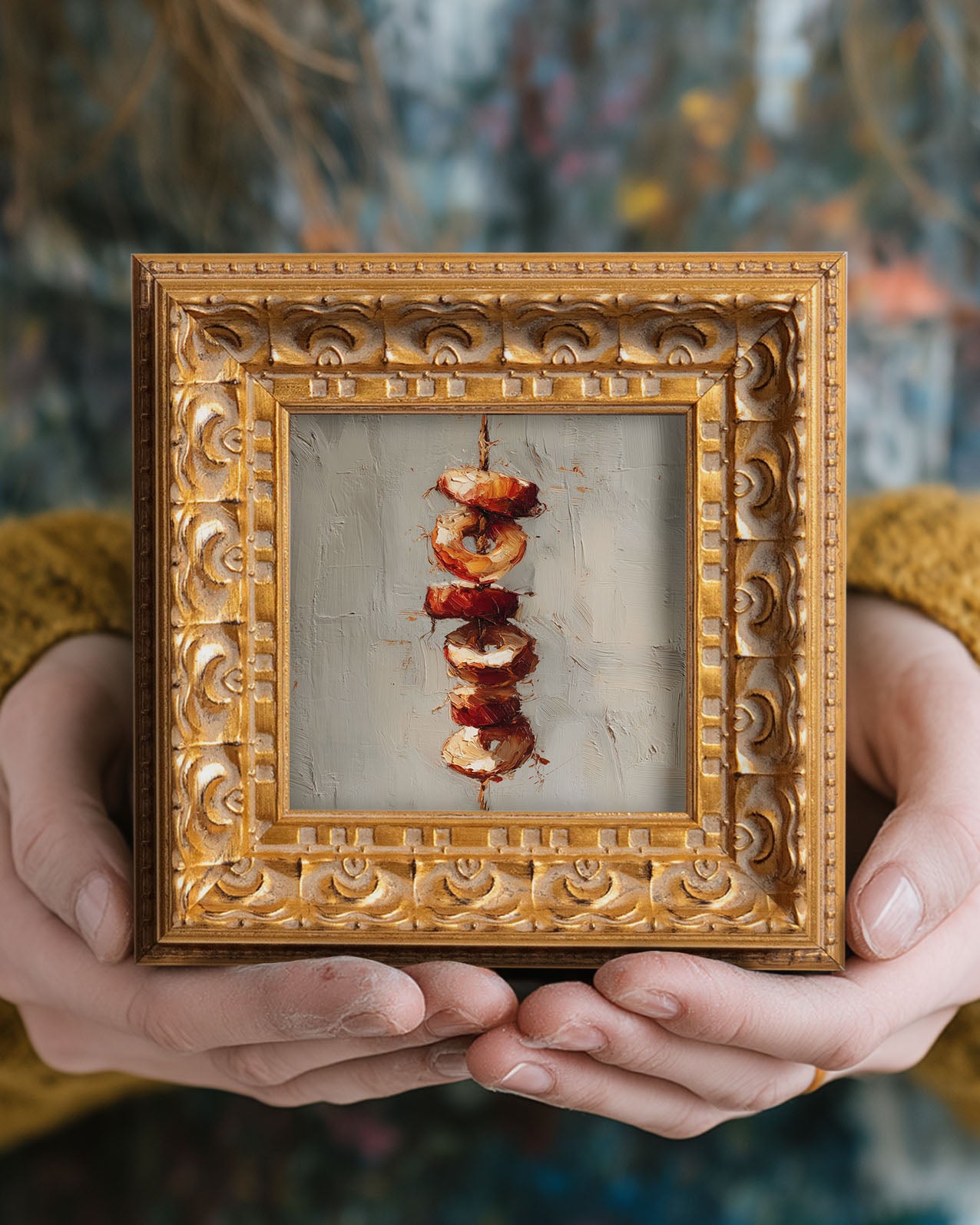 Grilled Skewers Still Life, Original Oil Painting, Food Art, Impasto Kitchen Wall Decor, Small Framed Artwork