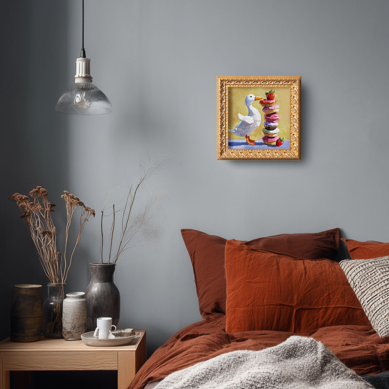 Small Original Hand Painted, Enjoying Duck Oil Painting, Living Room Wall Art Decor, 5X5 Gold Framed Artwork, Christmas Gift for Friends