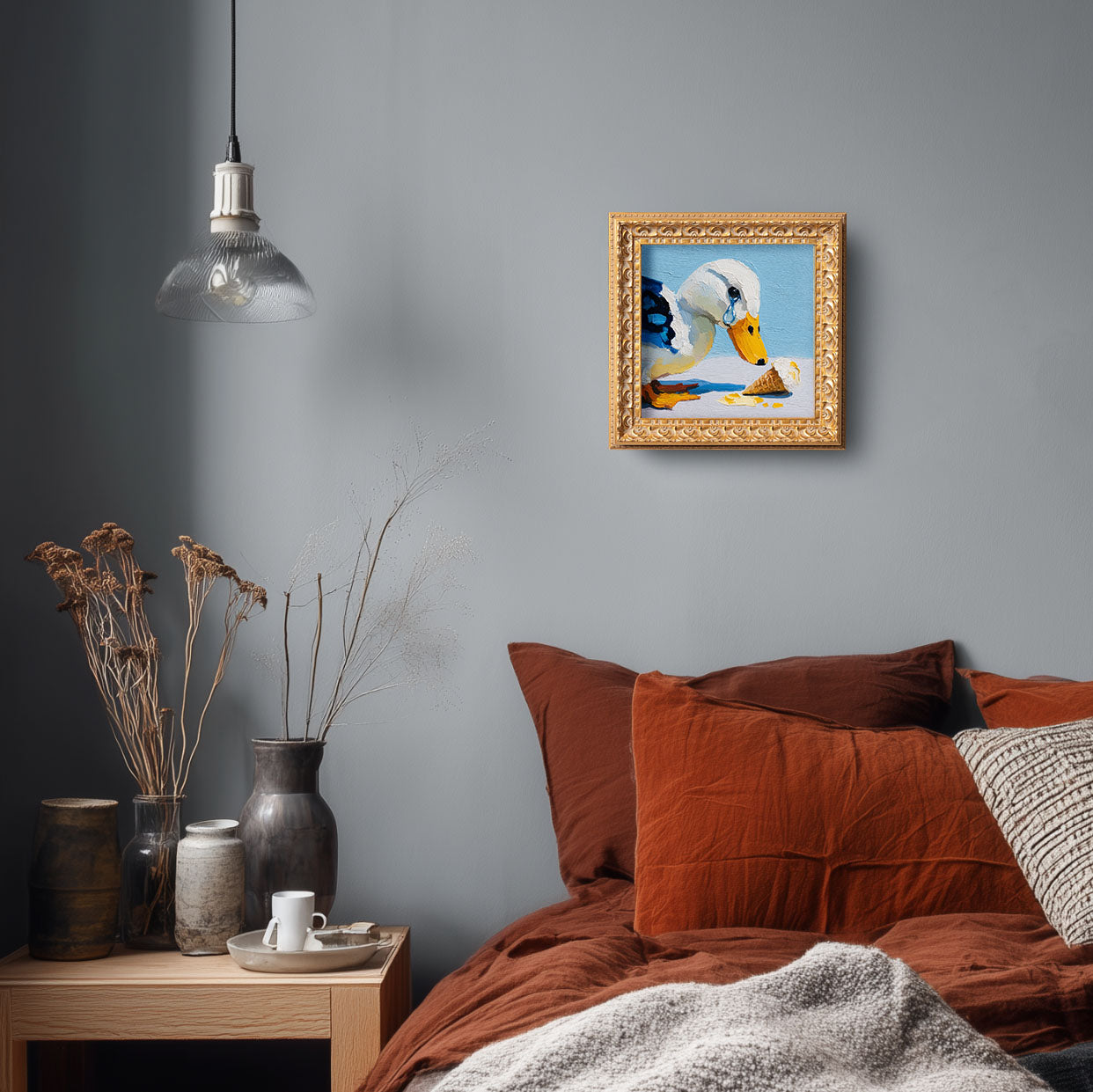 Small Original Hand Painted, Crying Duck Oil Painting, Living Room Wall Art Decor, 5X5 Gold Framed Artwork, Christmas Gift for Friends