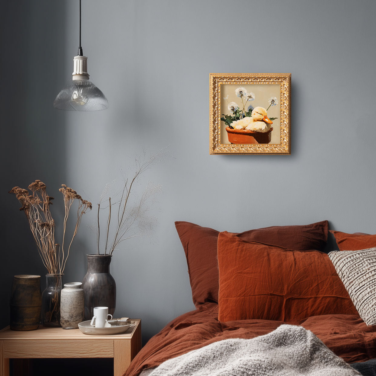 Small Original Hand Painted, Duckling in Flower Pot Oil Painting, Living Room Wall Art Decor, 5X5 Gold Framed Artwork, Christmas Gift