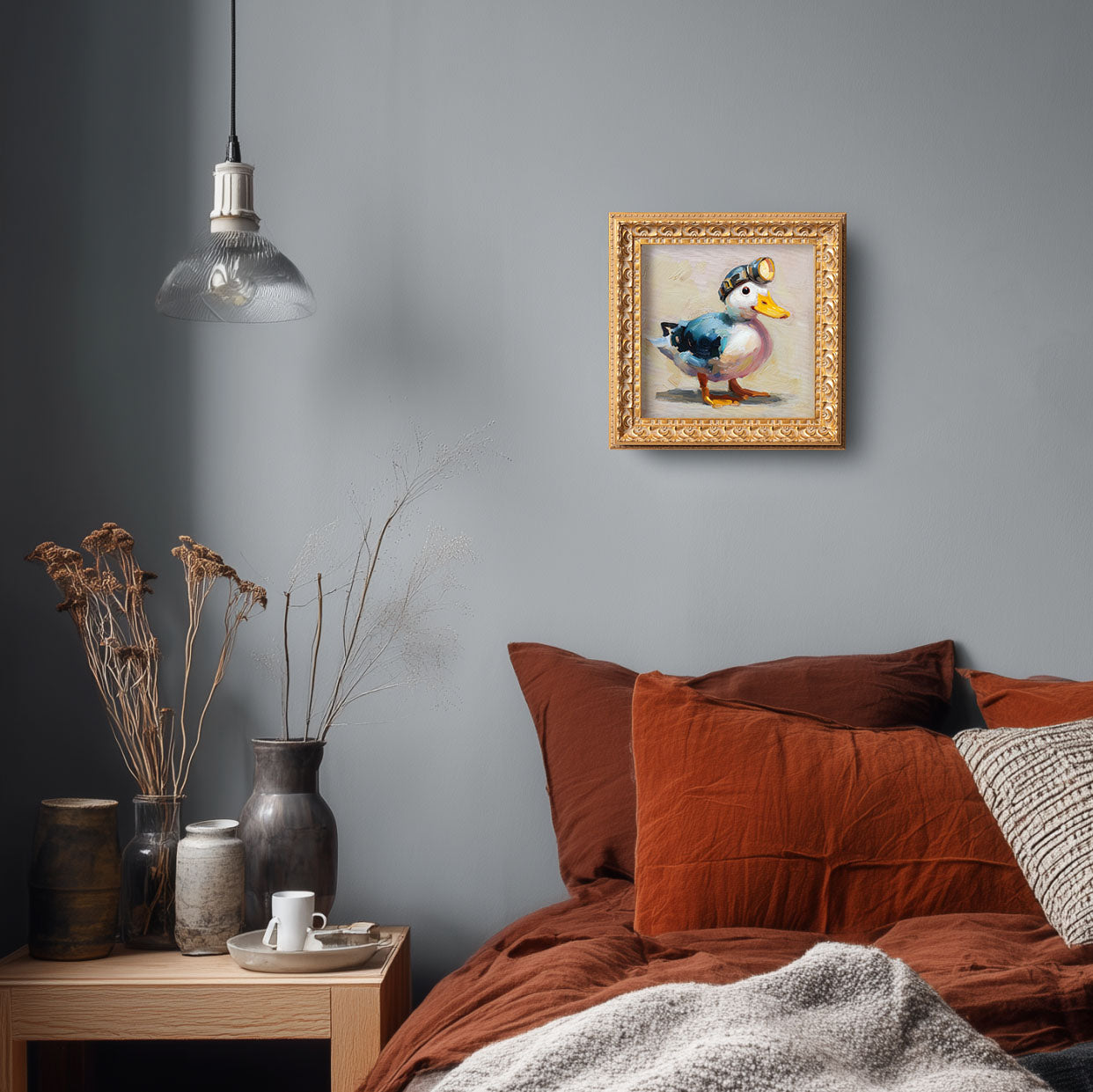 Small Original Hand Painted, Brave Duck Oil Painting, Living Room Wall Art Decor, 5X5 Gold Framed Artwork, Christmas Gift for Friends