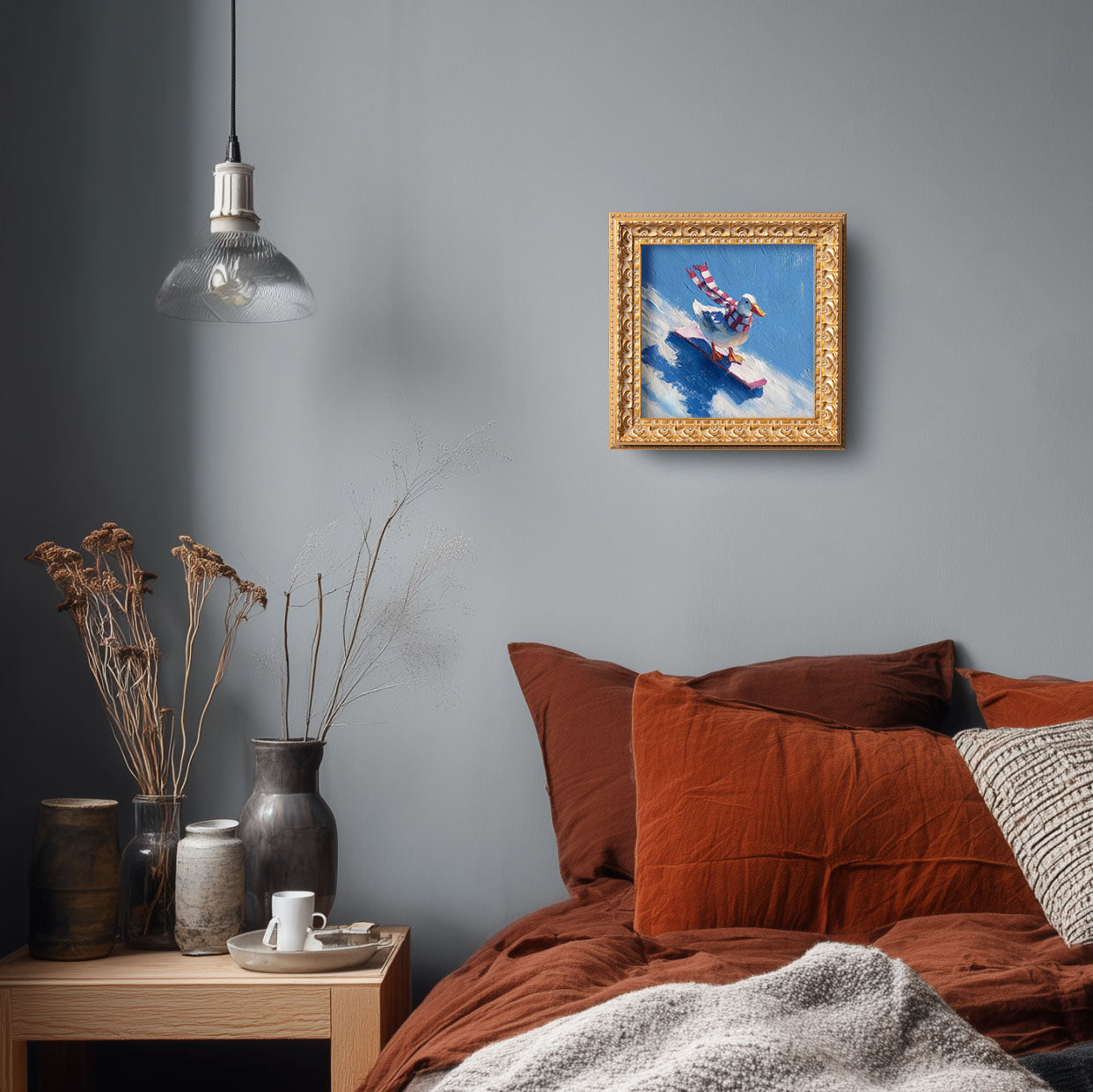 Small Original Hand Painted, Duck Snowboarding Oil Painting, Living Room Wall Art Decor,5X5 Gold Framed Artwork, Christmas Gift for Friends