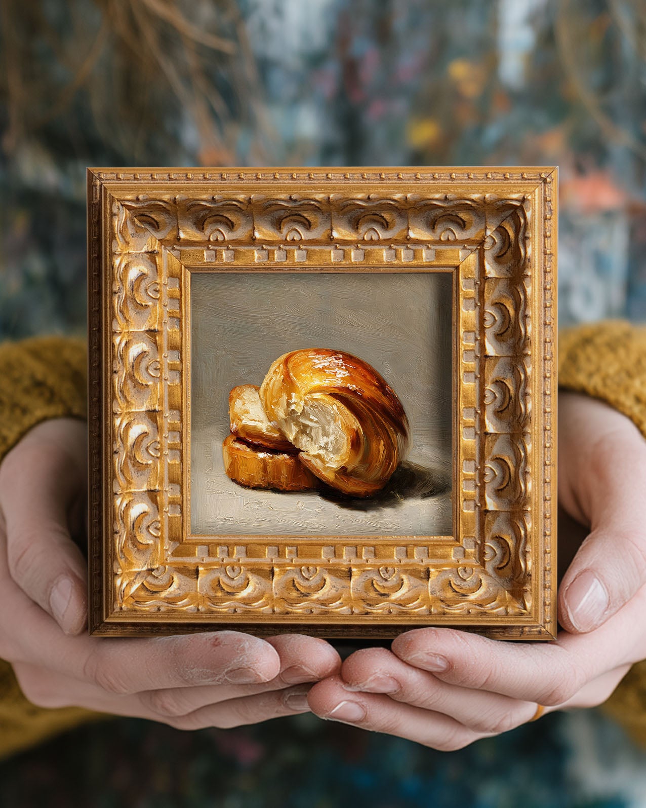 Original Croissant Oil Painting, Elegant Kitchen Wall Art, Hand Painted Ornate Gold Frame Home Decor, Stylish Dining Room Decoration, Gift For Friends