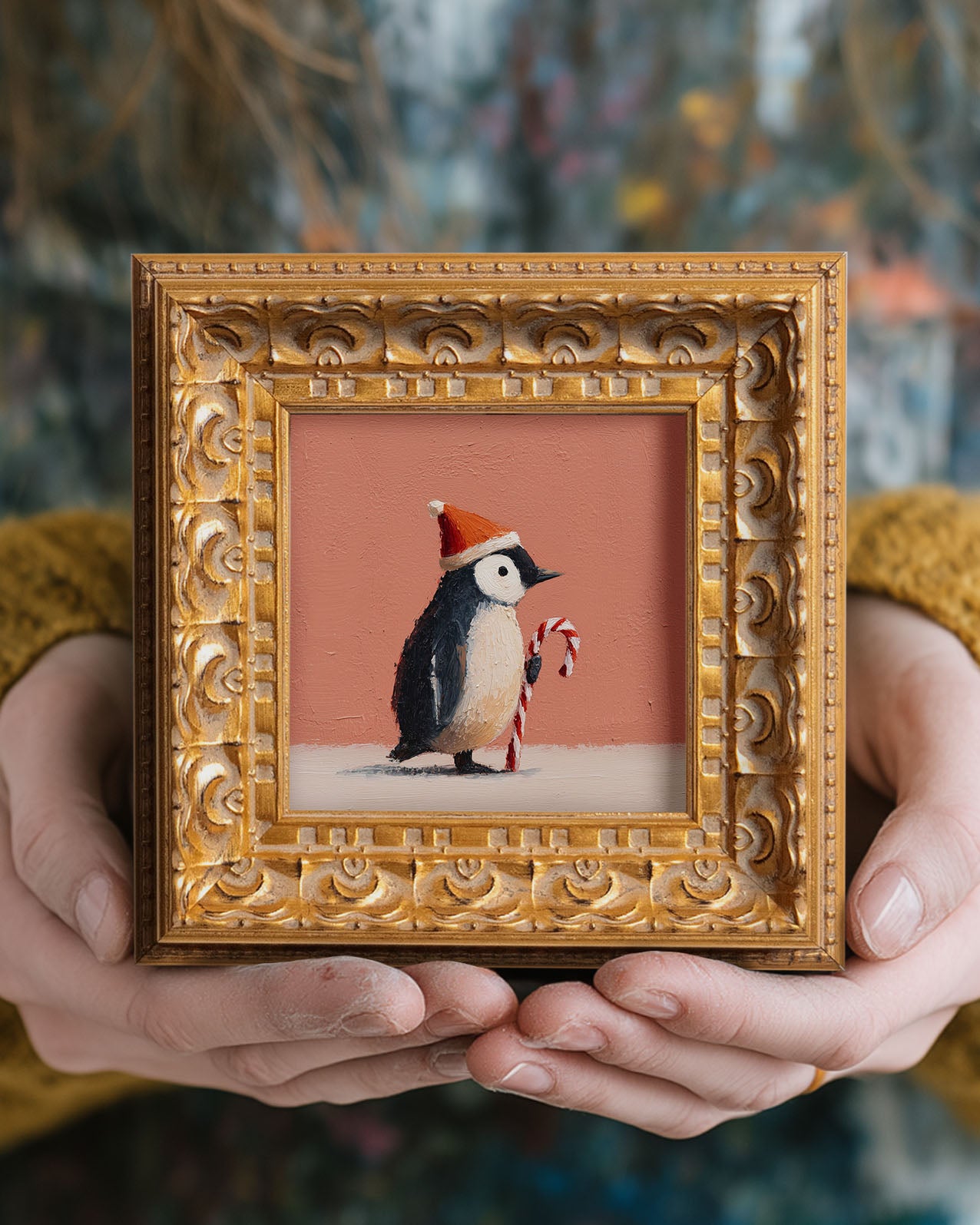 Christmas Penguin Mini Painting, Original Oil Art, Holiday Decor, Cute Penguin with Candy Cane, Small Framed Christmas Art