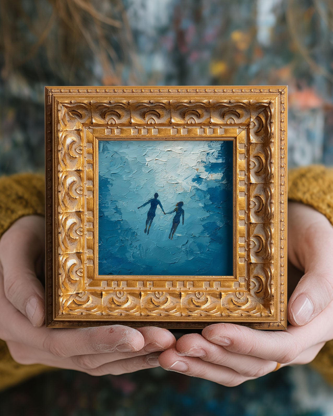 Original Hand Painted Figure, Mini Oil Painting, Romantic Couple Wall Art Decor, Small 5x5 Gold Framed, Valentine Gift, Swimming Couple