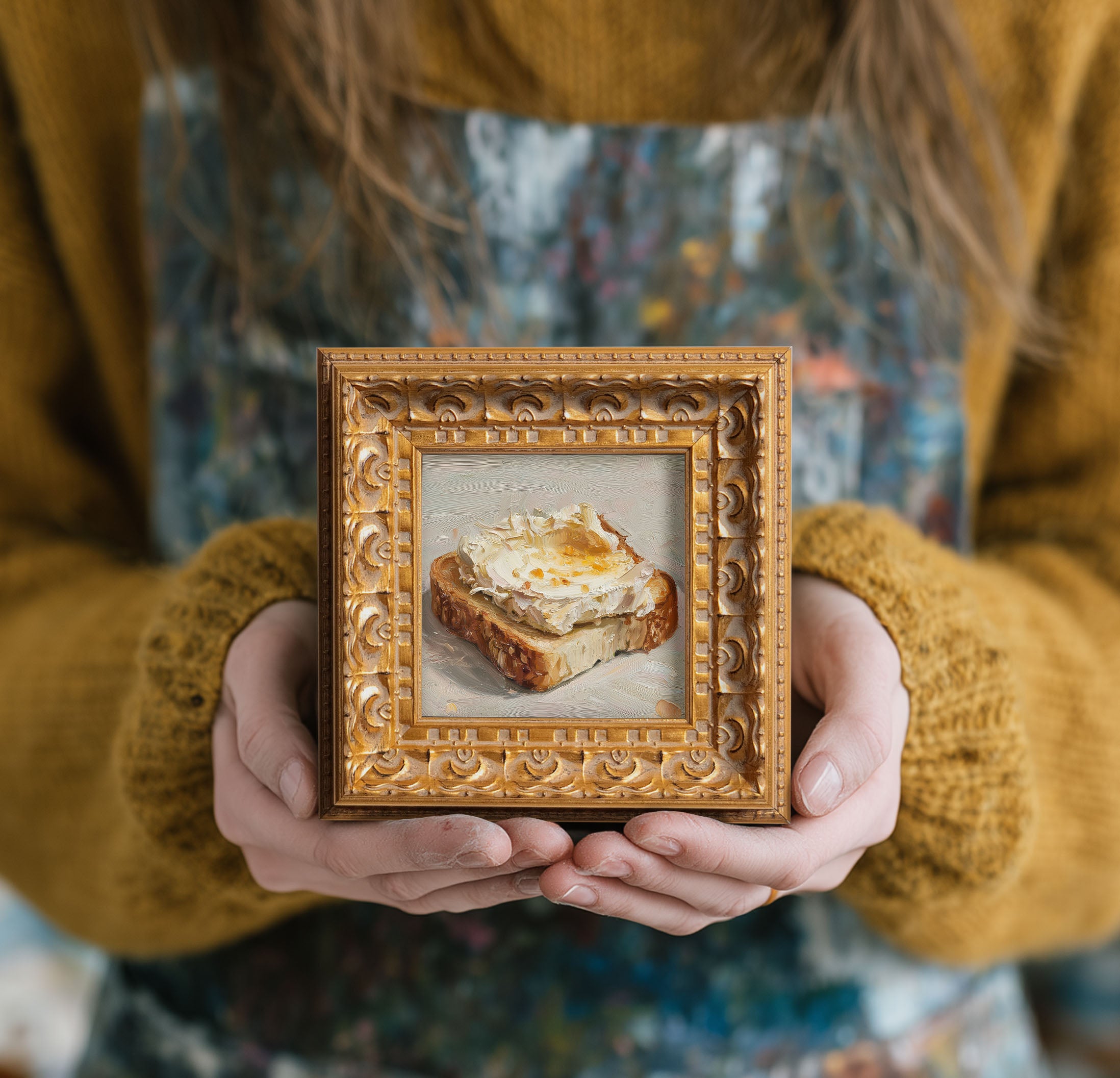 Still life Toast with Spread Oil Painting: Kitchen Wall Art Decor,  Housewarming Gift