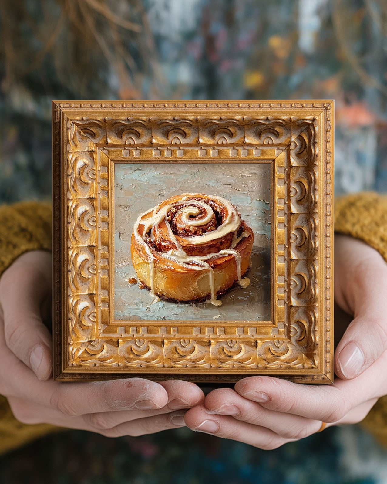 Original Cinnamon Roll Oil Painting, Warm Kitchen Wall Art, Hand Painted Ornate Gold Frame Home Decor, Charming Dining Room Decoration, Gift For Friends