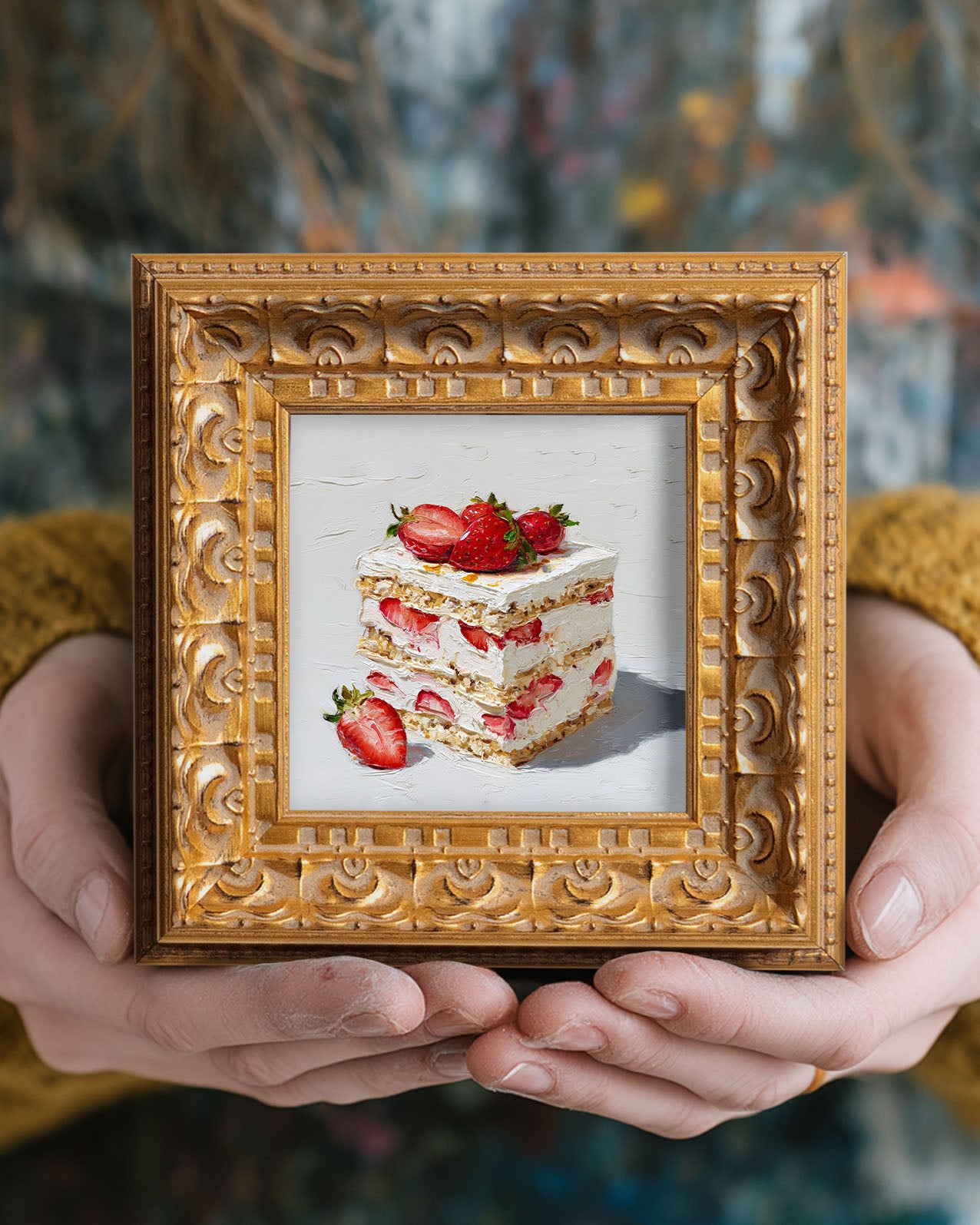Original Strawberry Cake Oil Painting, Bright Kitchen Wall Art, Hand Painted Ornate Gold Frame Home Decor, Vibrant Dining Room Decoration, Gift For Friends