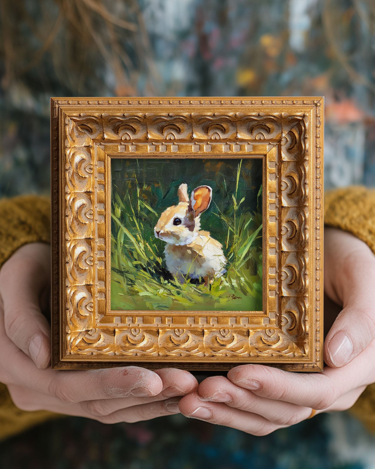 Hand Panted Rabbit Oil Painting, Original Wildlife Art, Home Wall Art Decor, 5X5 Gold Framed Artwork, Still life Bunny , Gift for friends