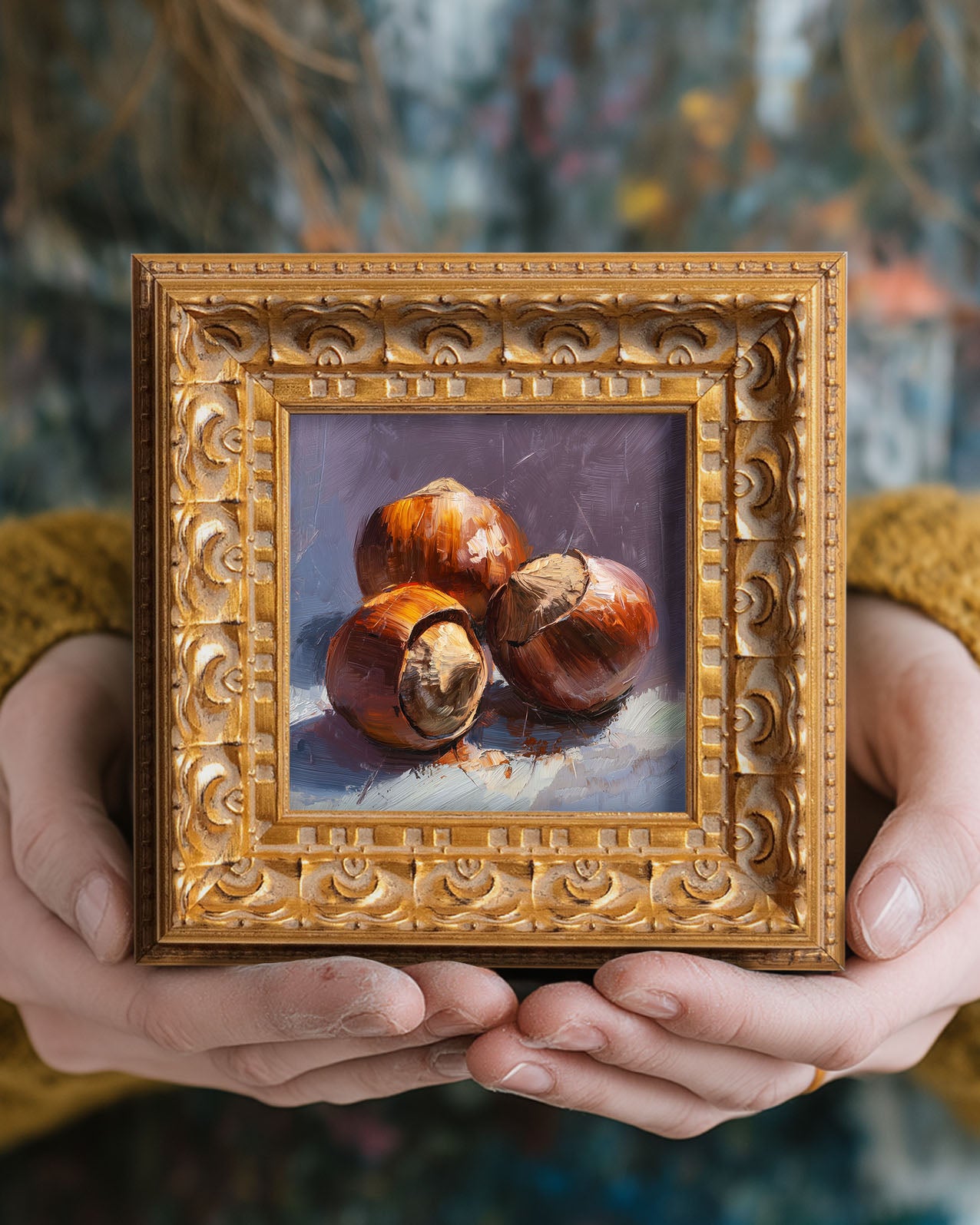 Roasted Chestnuts Still Life, Original Oil Painting, Food Art, Impasto Autumn Wall Decor, Small Framed Artwork