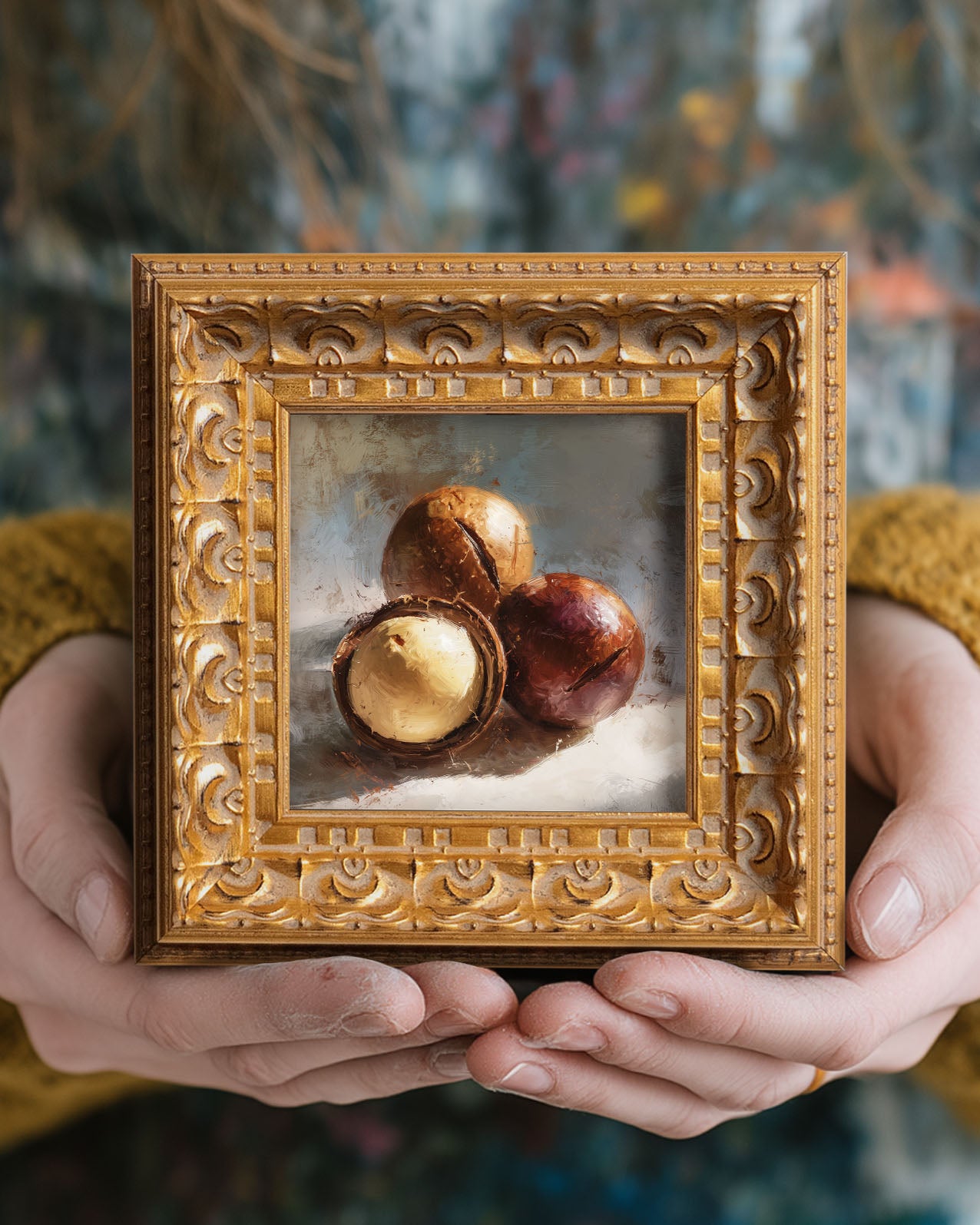 Still life Macadamia Nuts Oil Painting, Small Original Art, Hand Painted Artwork, Wall Art Decor, Gift for Friends, 5X5 Gold Framed