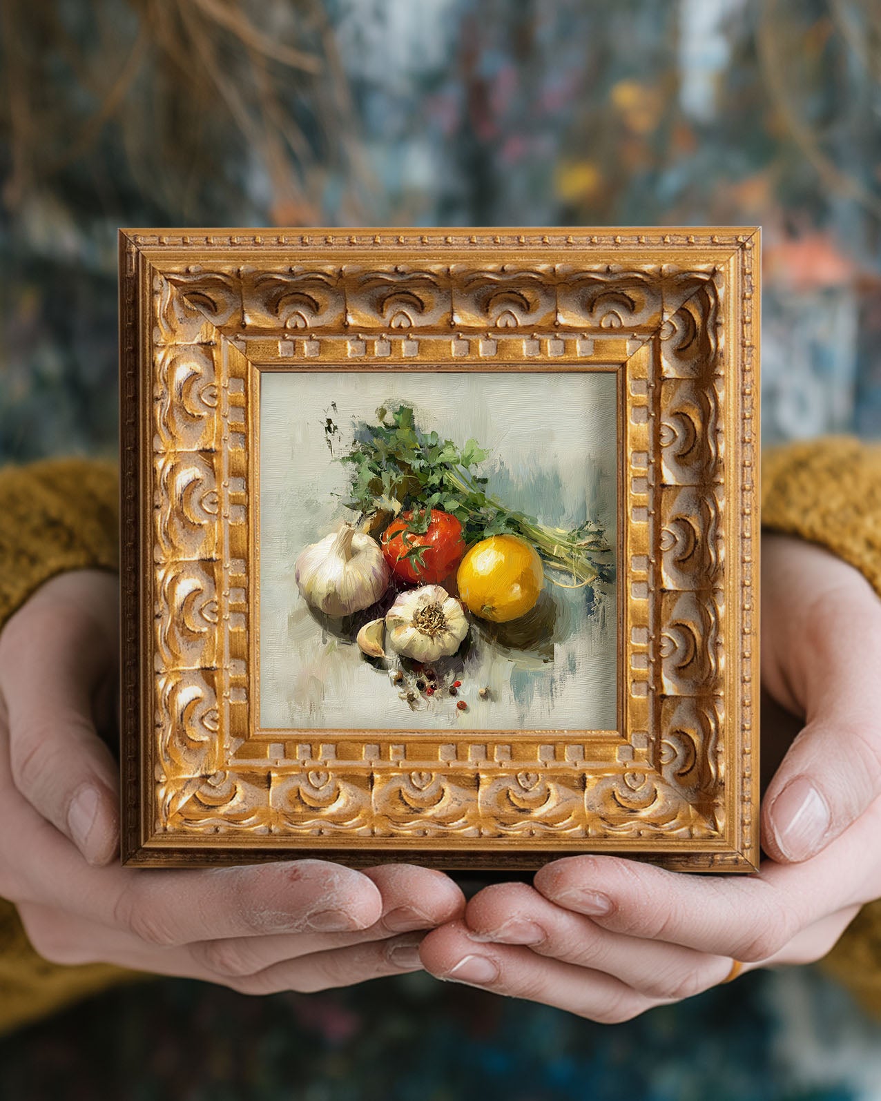 Original Vegetable Still Life Oil Painting, Rustic Kitchen Wall Art, Hand Painted Ornate Gold Frame Home Decor, Warm Dining Room Decoration, Gift For Friends