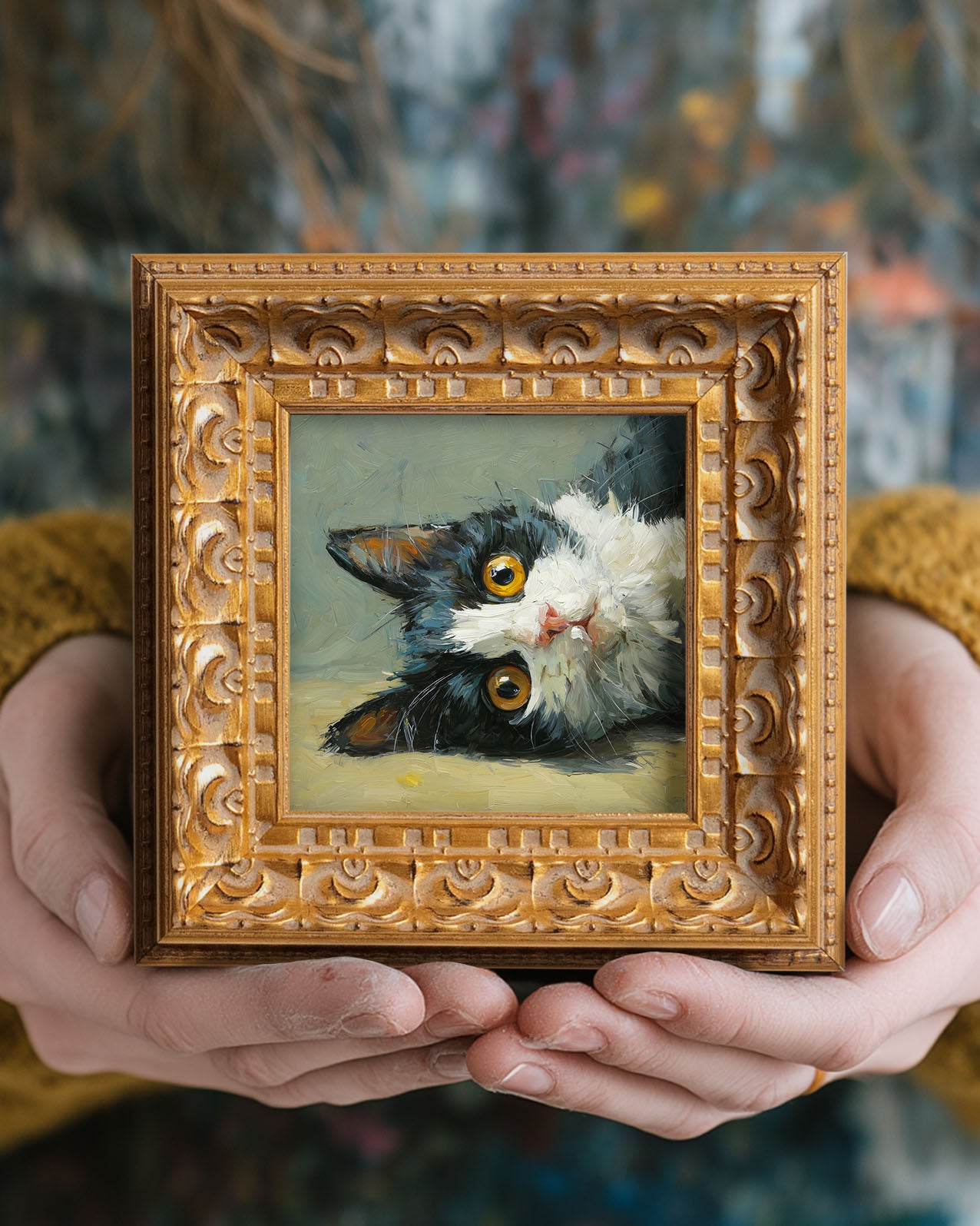 Black and White Cat Portrait, Original Oil Painting, Cute Kitten Art, Pet Portrait, Impasto Animal Wall Decor, Small Framed Art