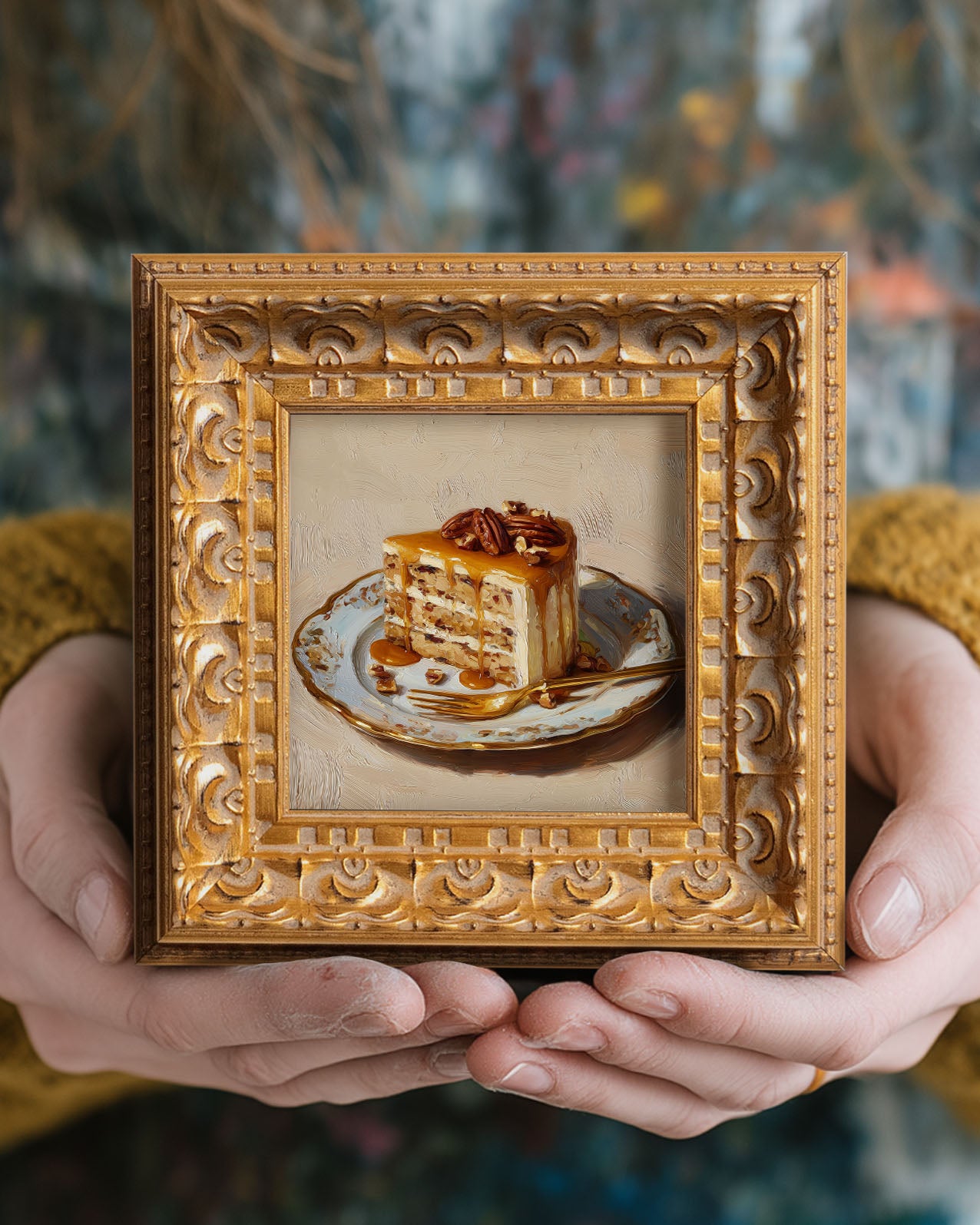 Still life Caramel Nut Cake Oil Painting,  Small Original Art, Hand Painted Artwork, Wall Art Decor, Gift for Friends, 5X5 Gold Framed