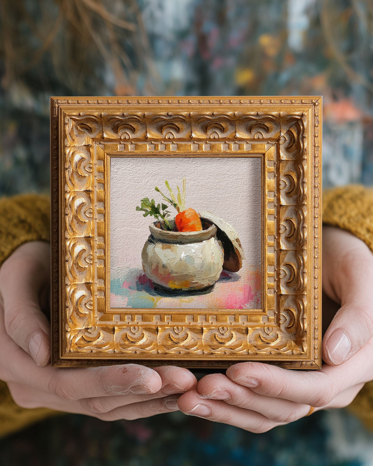 Original Oil Painting, Hand Painted Artwork, Still Life Food, Small Kitchen Wall Art Decor, Christmas Gift for Friend, Carrot in Ceramic Jar