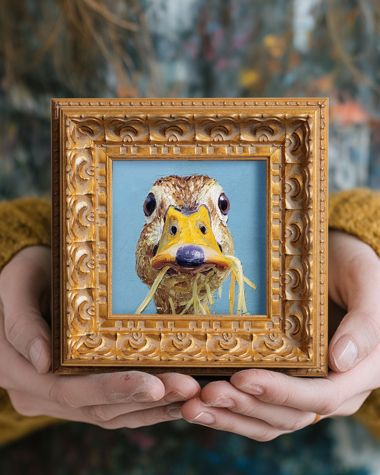 Small Original Hand Painted, Duck Eating Pasta Oil Painting, Living Room Wall Art Decor, 5X5 Gold Framed Artwork, Christmas Gift for Friends