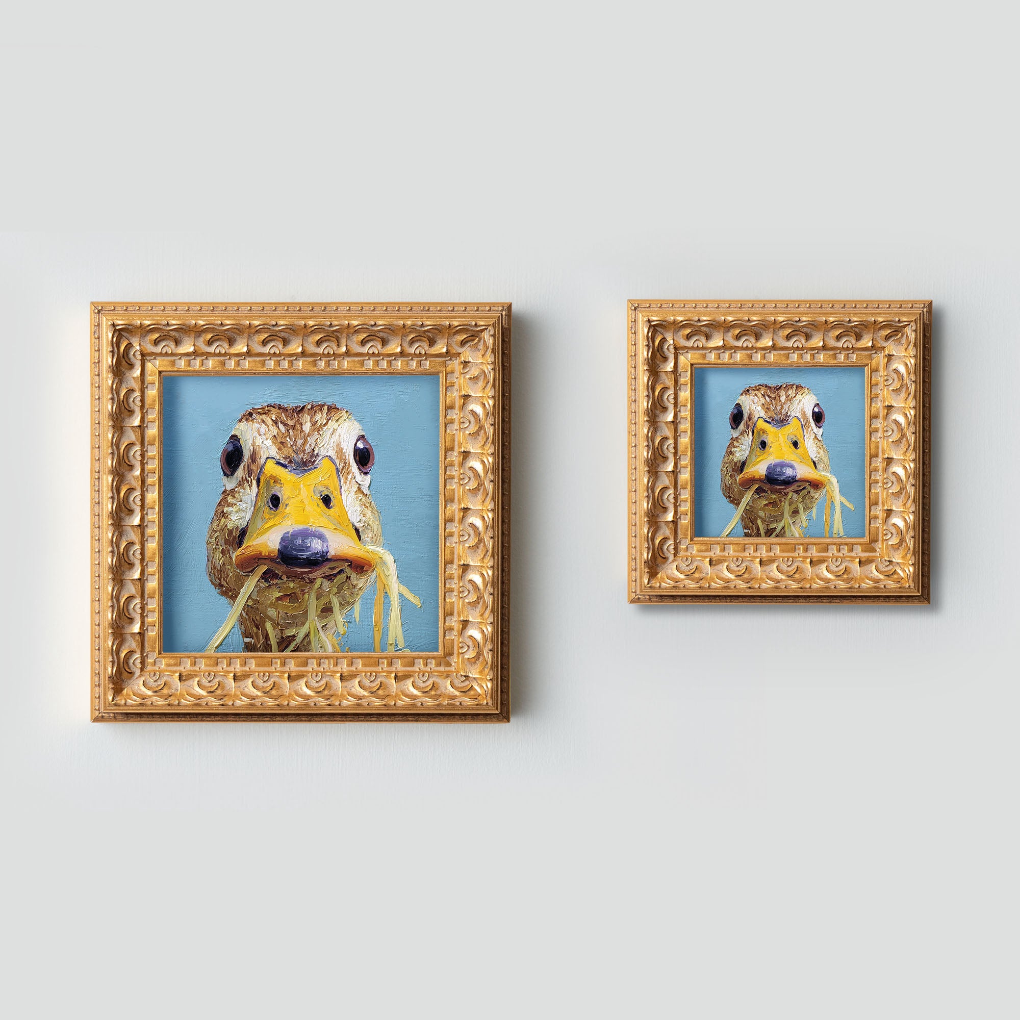 Small Original Hand Painted, Duck Eating Pasta Oil Painting, Living Room Wall Art Decor, 5X5 Gold Framed Artwork, Christmas Gift for Friends