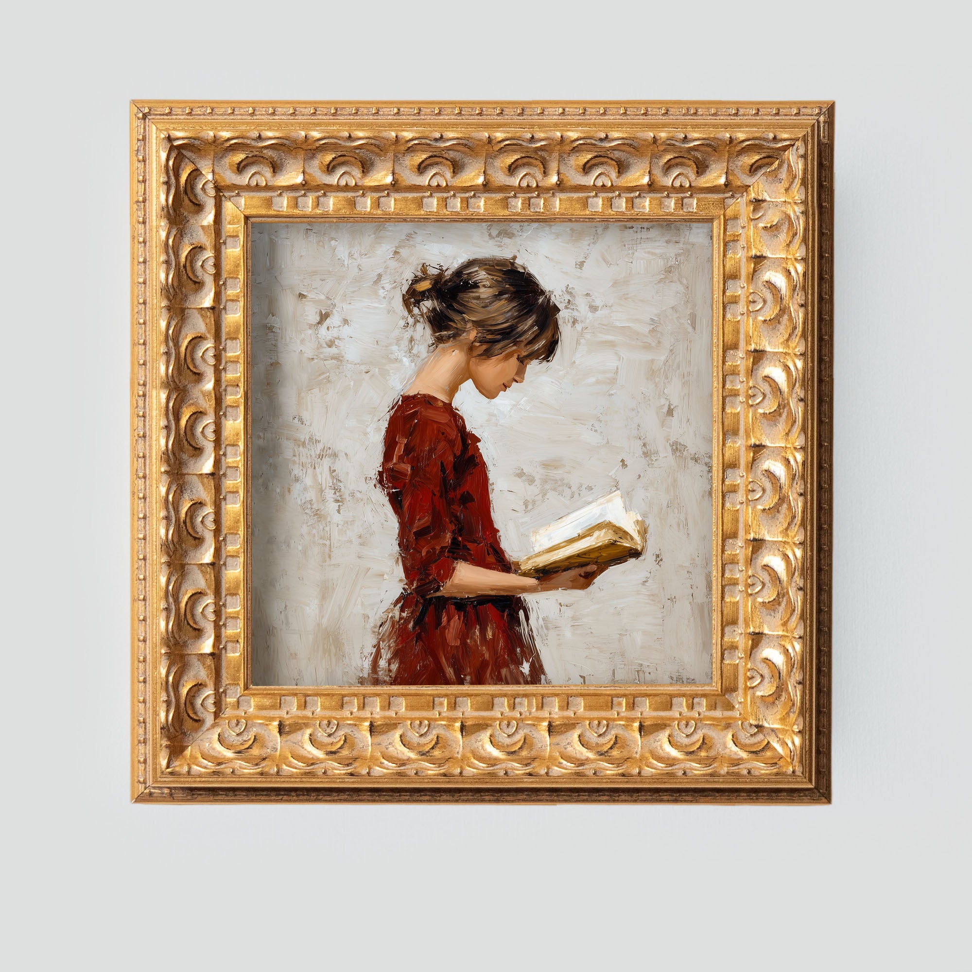 Small Original Oil Painting, Hand Painted Artwork, Reading Room Wall Art Decor, Still life, 5X5 Gold Framed Art, Gift for Friends, Book Girl