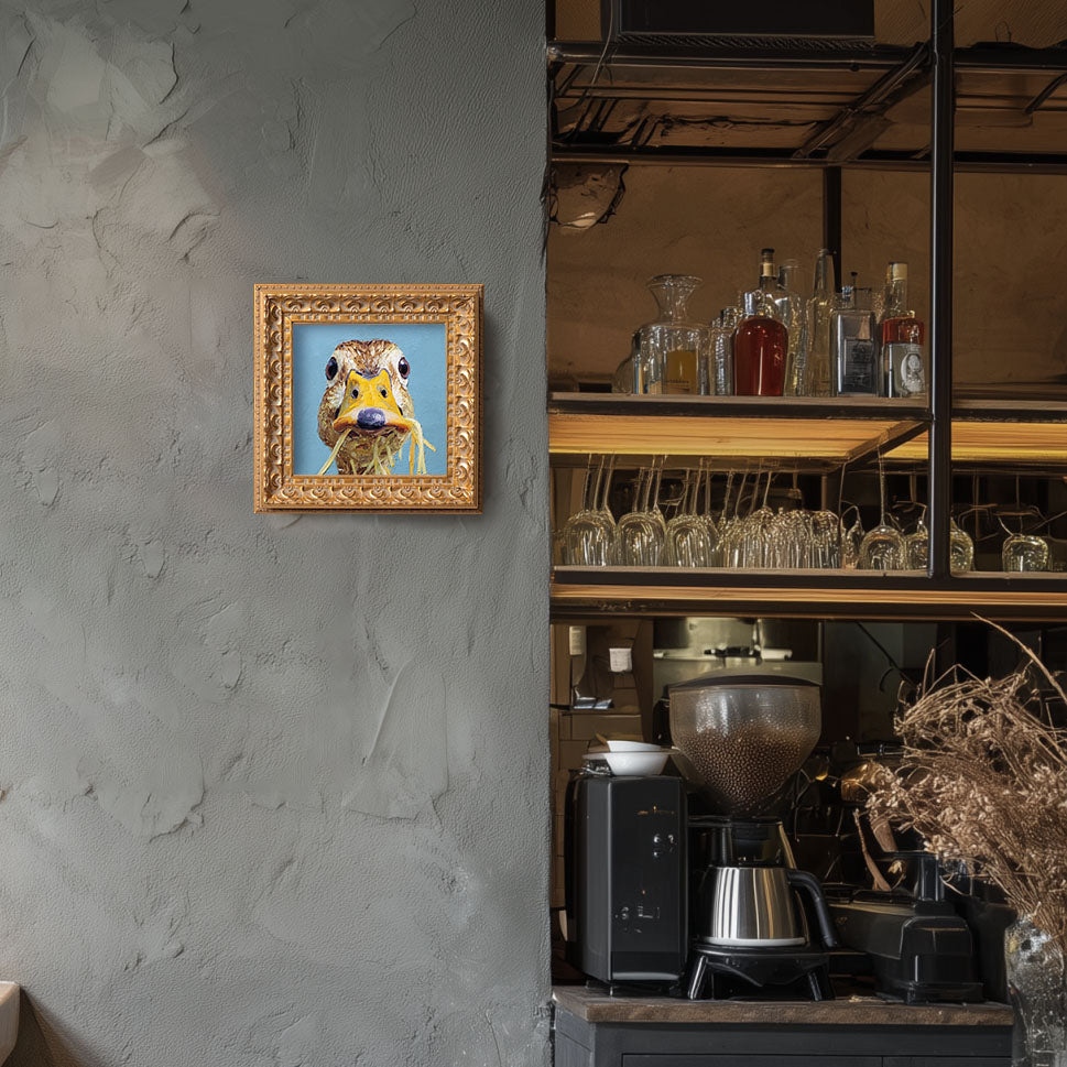 Small Original Hand Painted, Duck Eating Pasta Oil Painting, Living Room Wall Art Decor, 5X5 Gold Framed Artwork, Christmas Gift for Friends