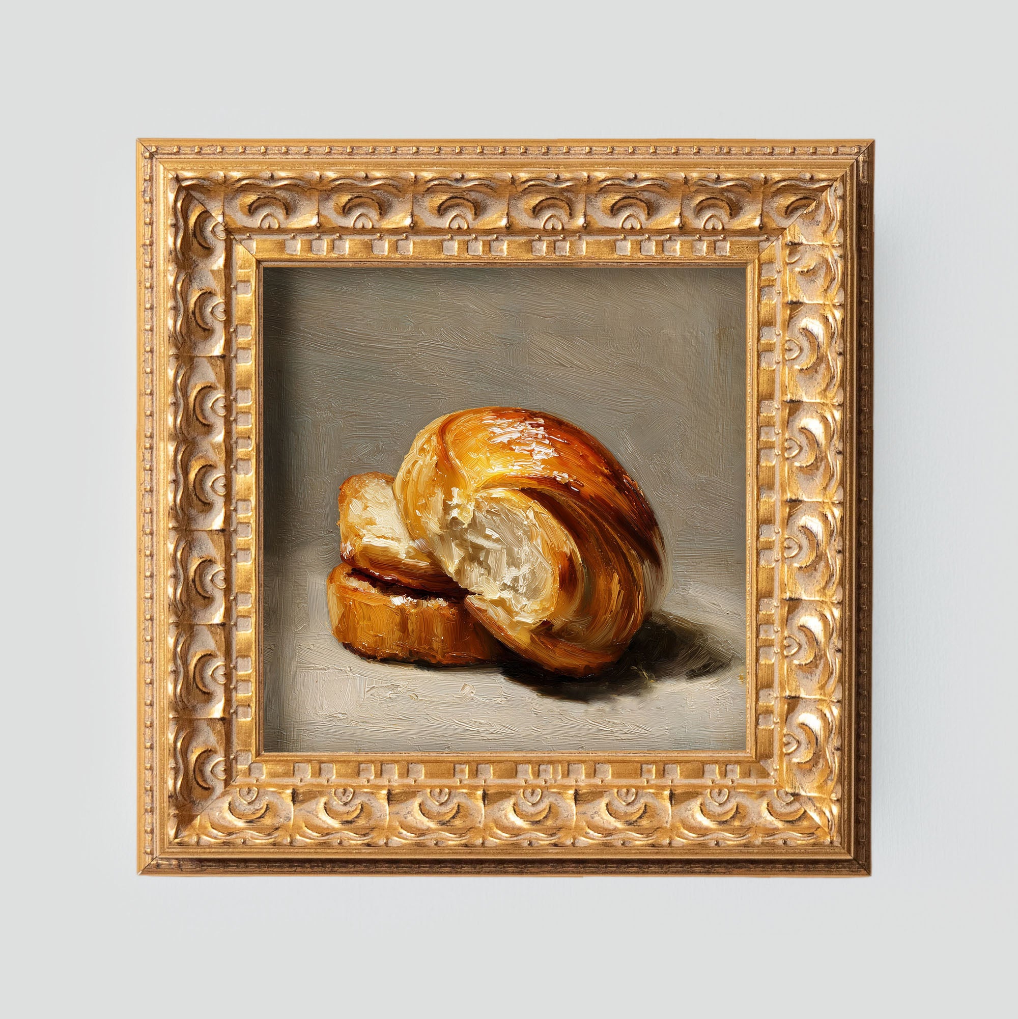 Original Croissant Oil Painting, Elegant Kitchen Wall Art, Hand Painted Ornate Gold Frame Home Decor, Stylish Dining Room Decoration, Gift For Friends