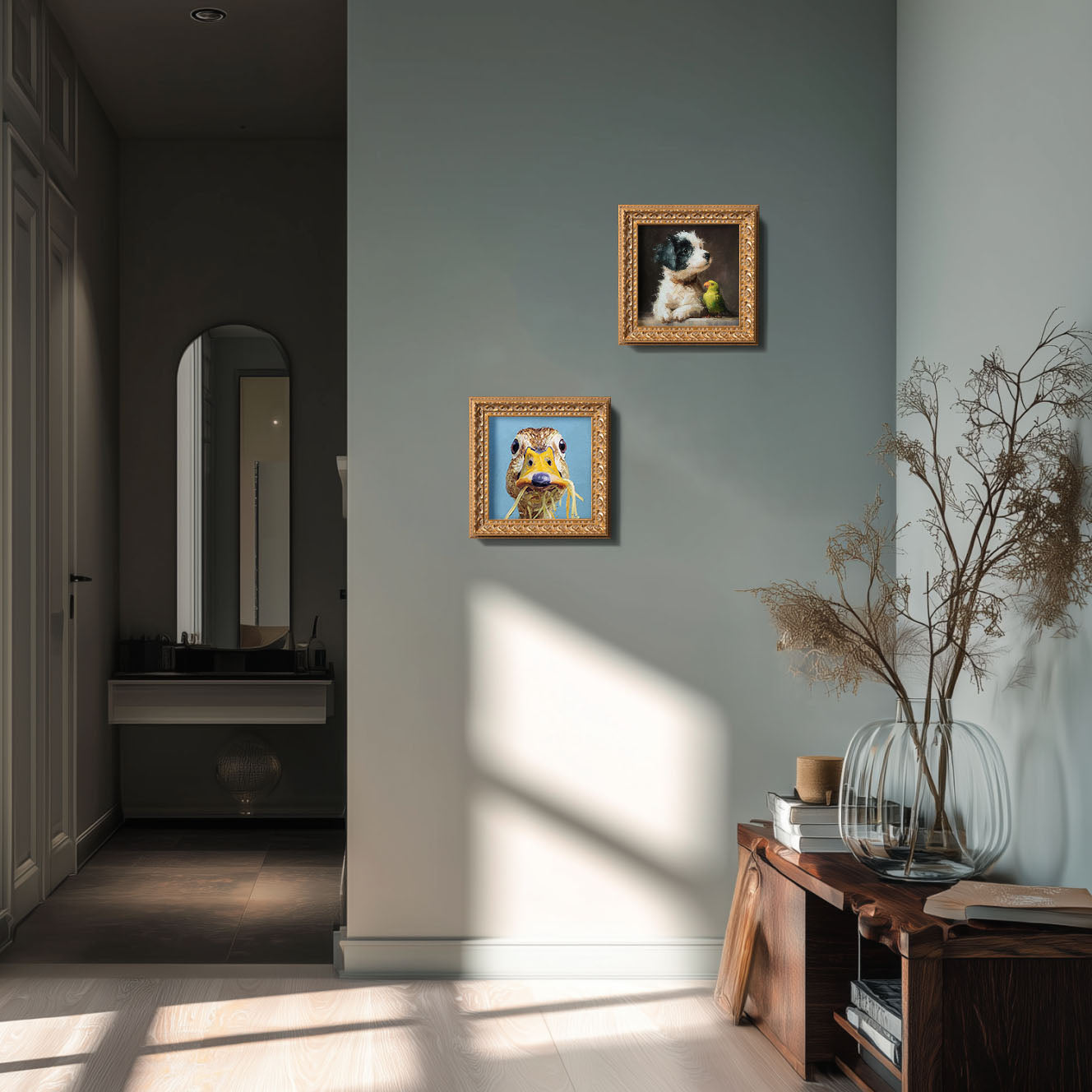 Small Original Hand Painted, Duck Eating Pasta Oil Painting, Living Room Wall Art Decor, 5X5 Gold Framed Artwork, Christmas Gift for Friends